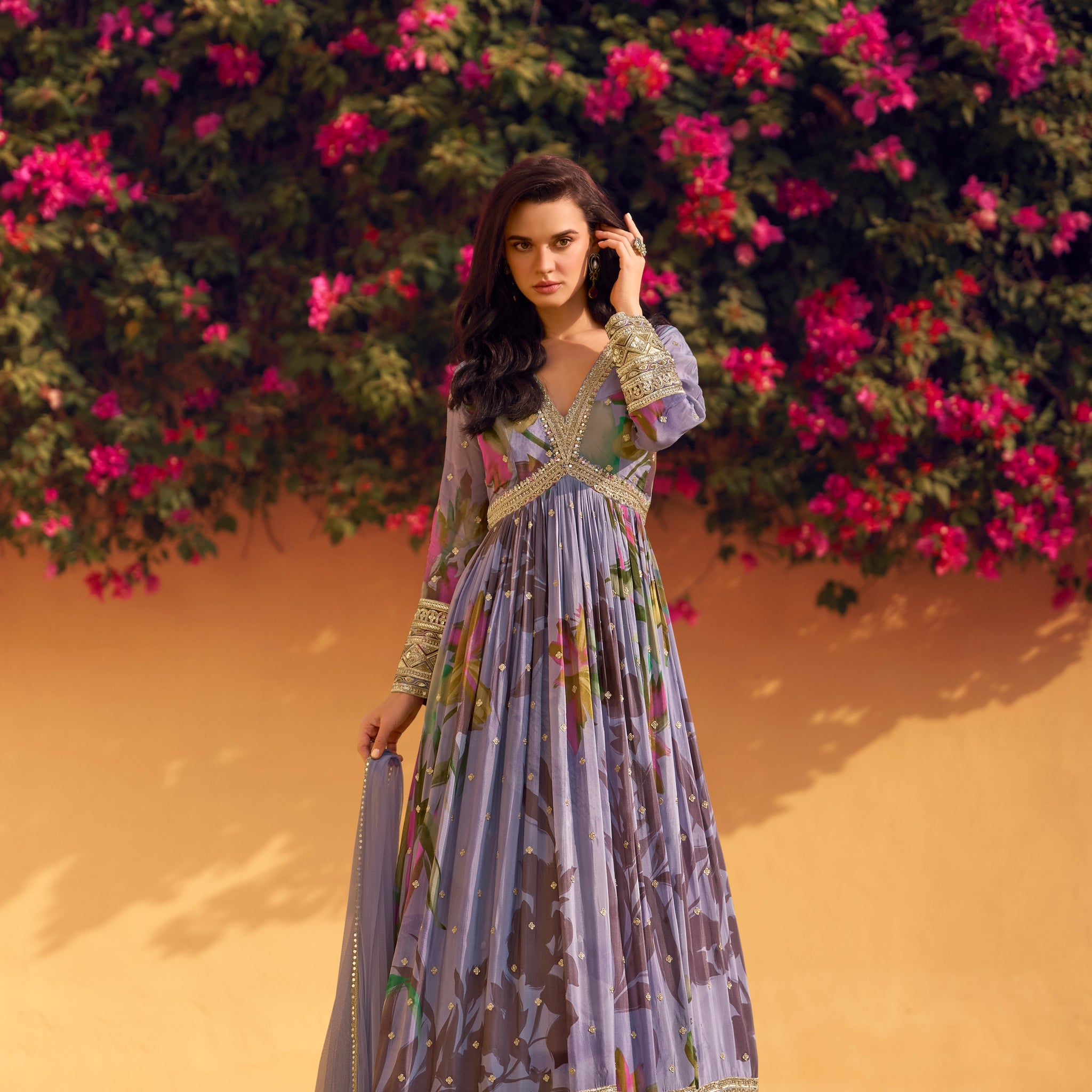 Lavender Embroidered Chinon Silk Anarkali Suit