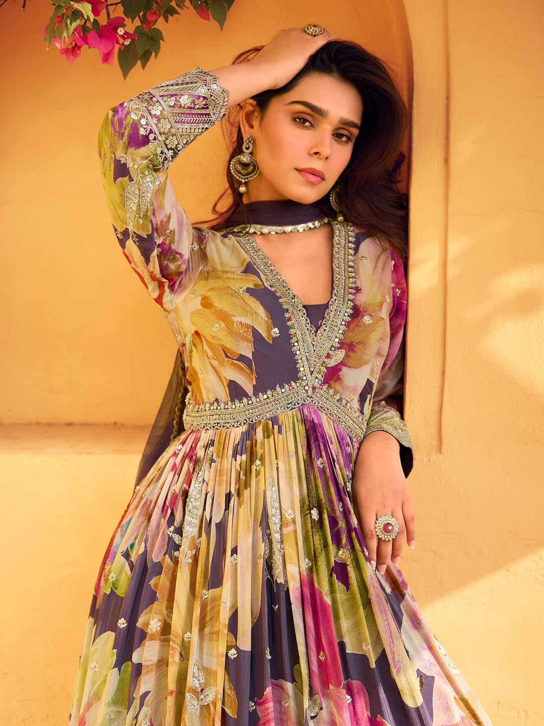 Multicolor Floral Embroidered Chinon Silk Anarkali Suit