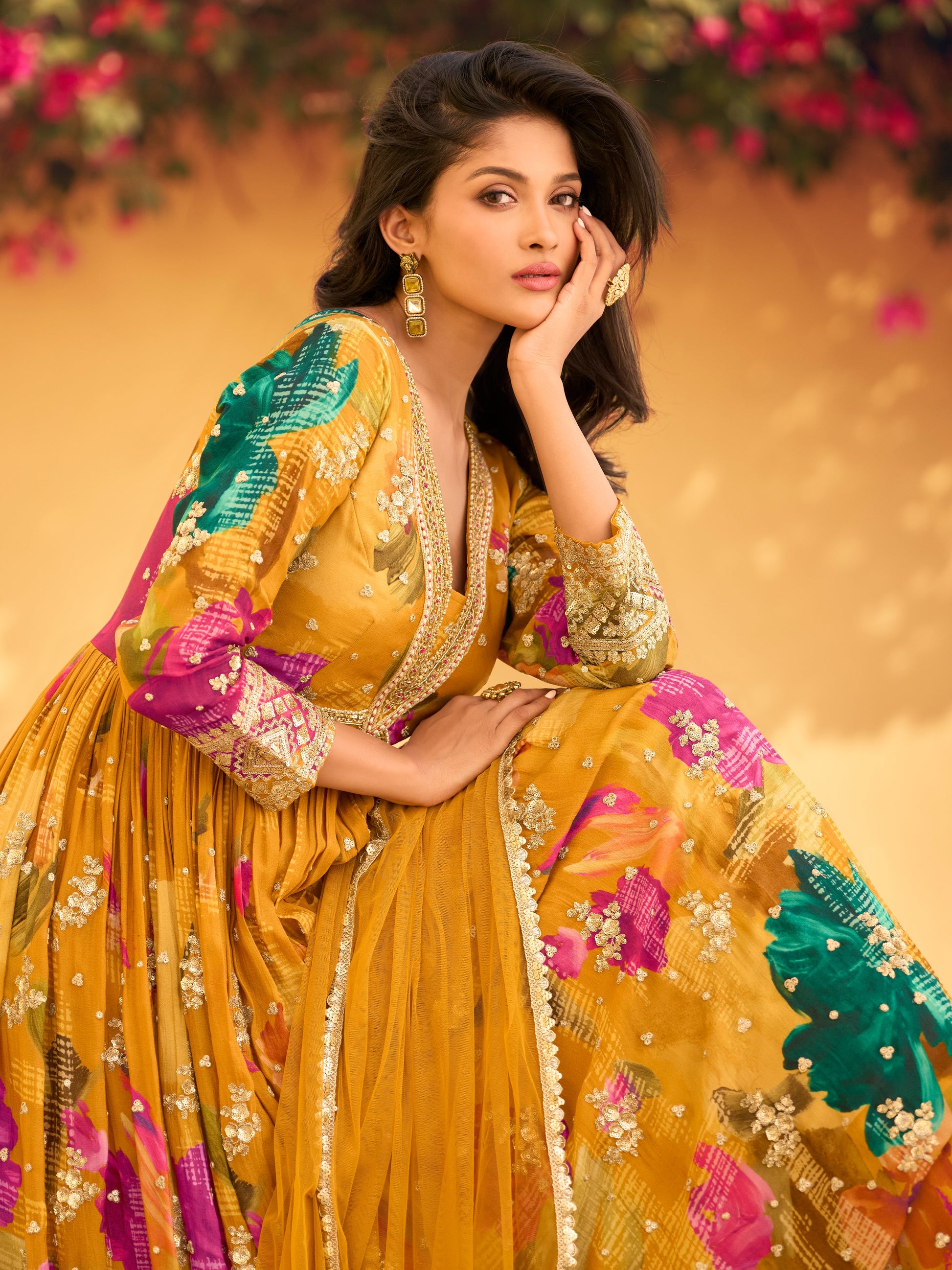 Golden Yellow Embroidered Chinon Silk Anarkali Suit