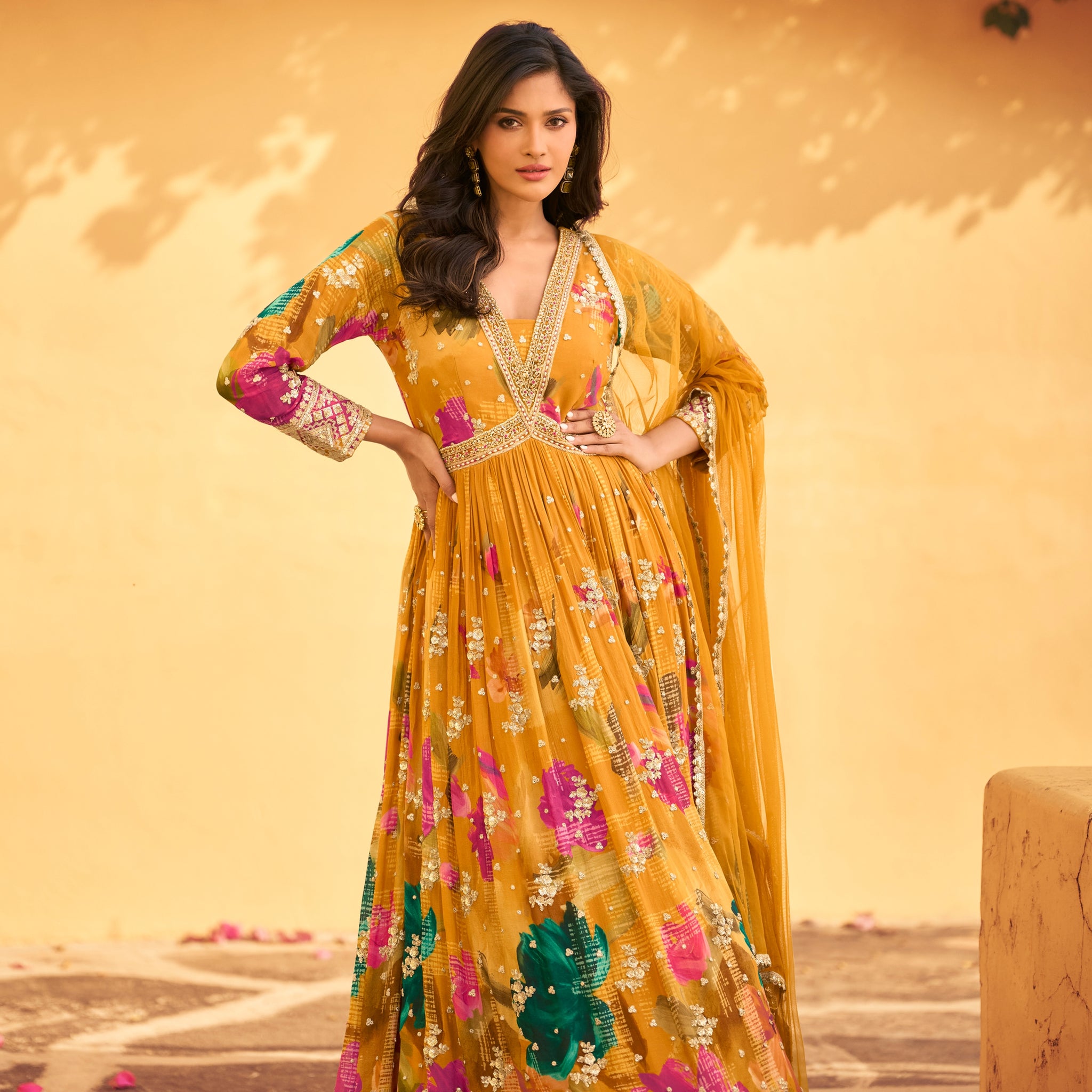 Golden Yellow Embroidered Chinon Silk Anarkali Suit