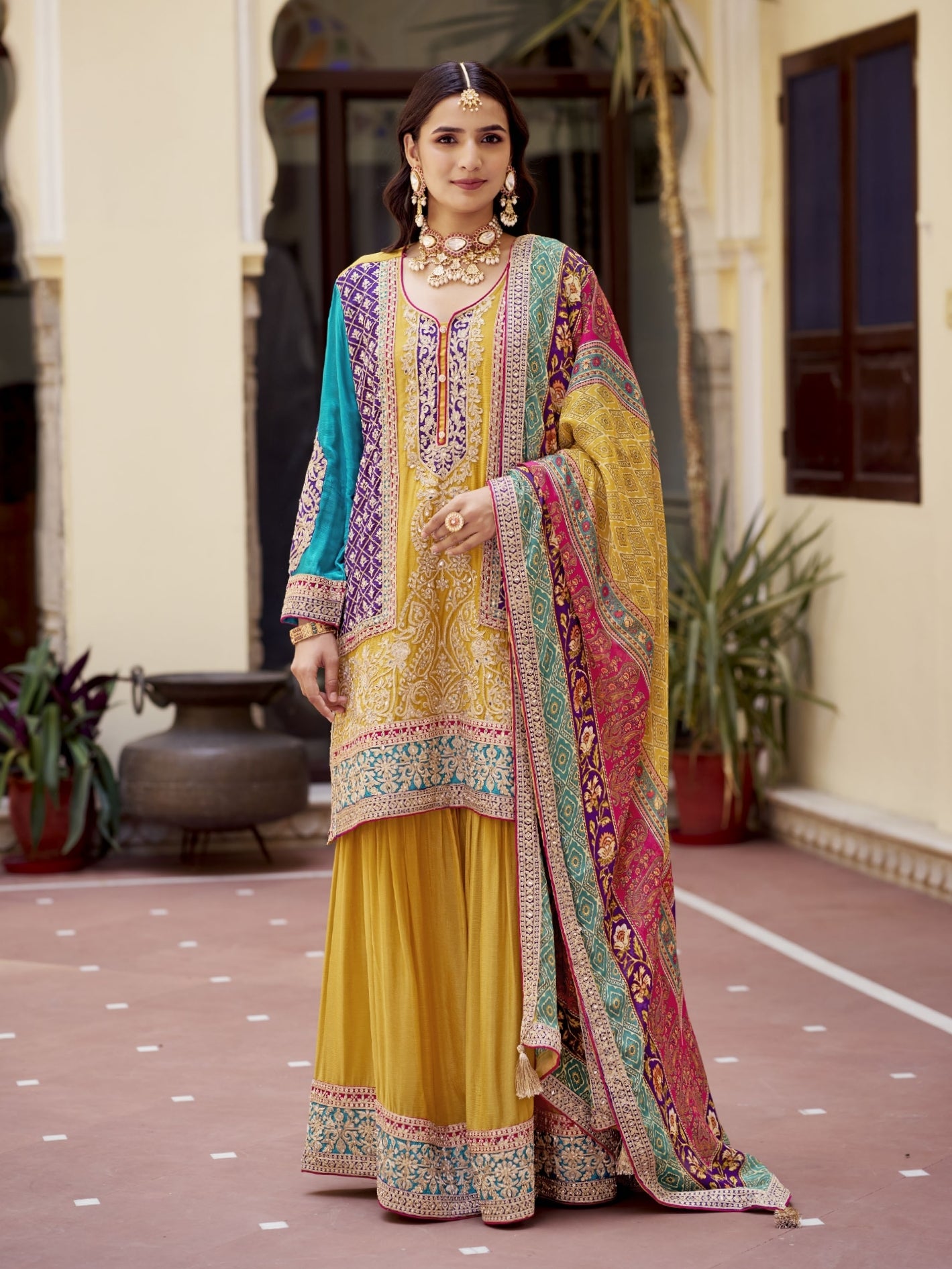 Yellow Heavy Chinon Silk Sharara Suit