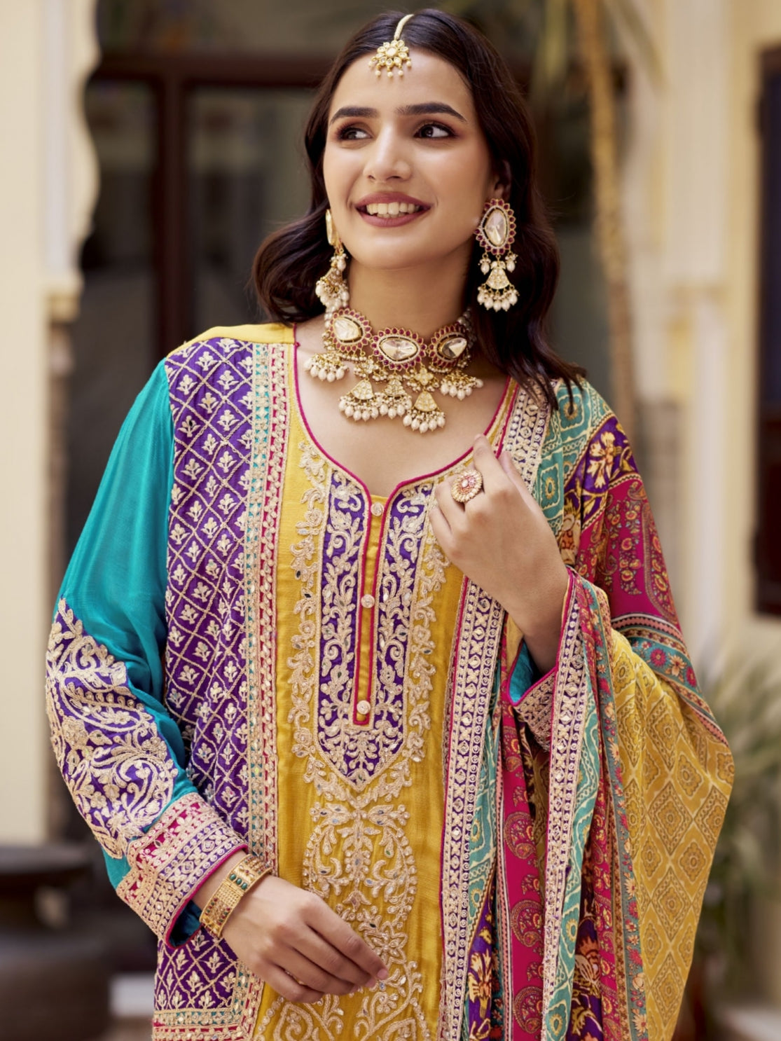 Yellow Heavy Chinon Silk Sharara Suit