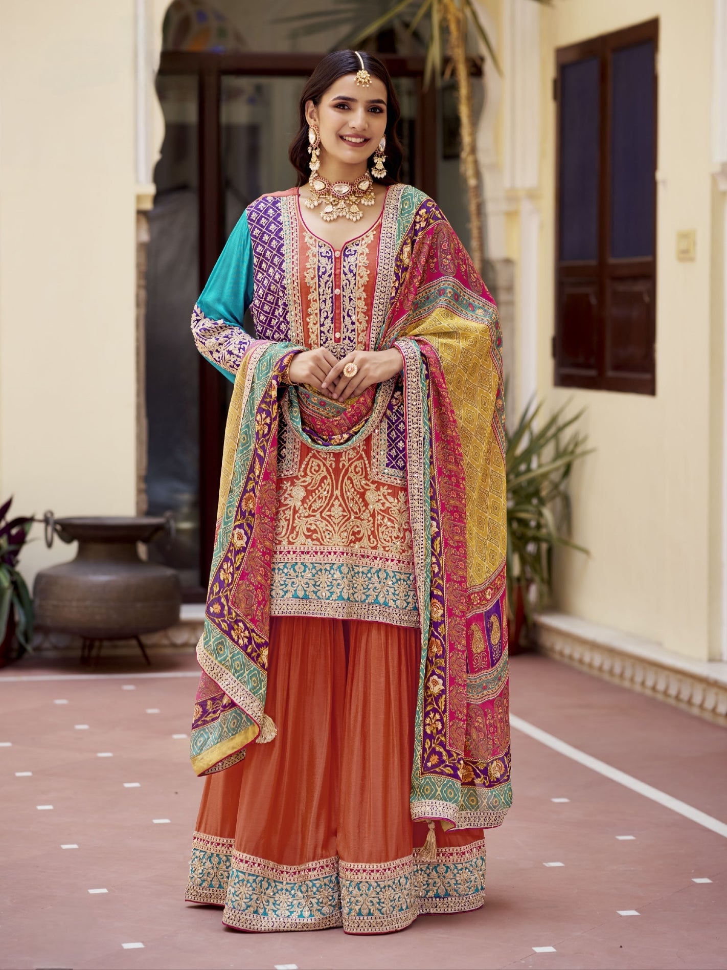 Orange Heavy Embroidered Chinon Silk Sharara Suit