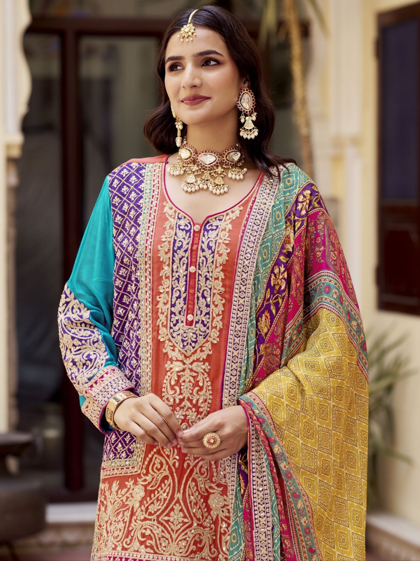 Orange Heavy Embroidered Chinon Silk Sharara Suit