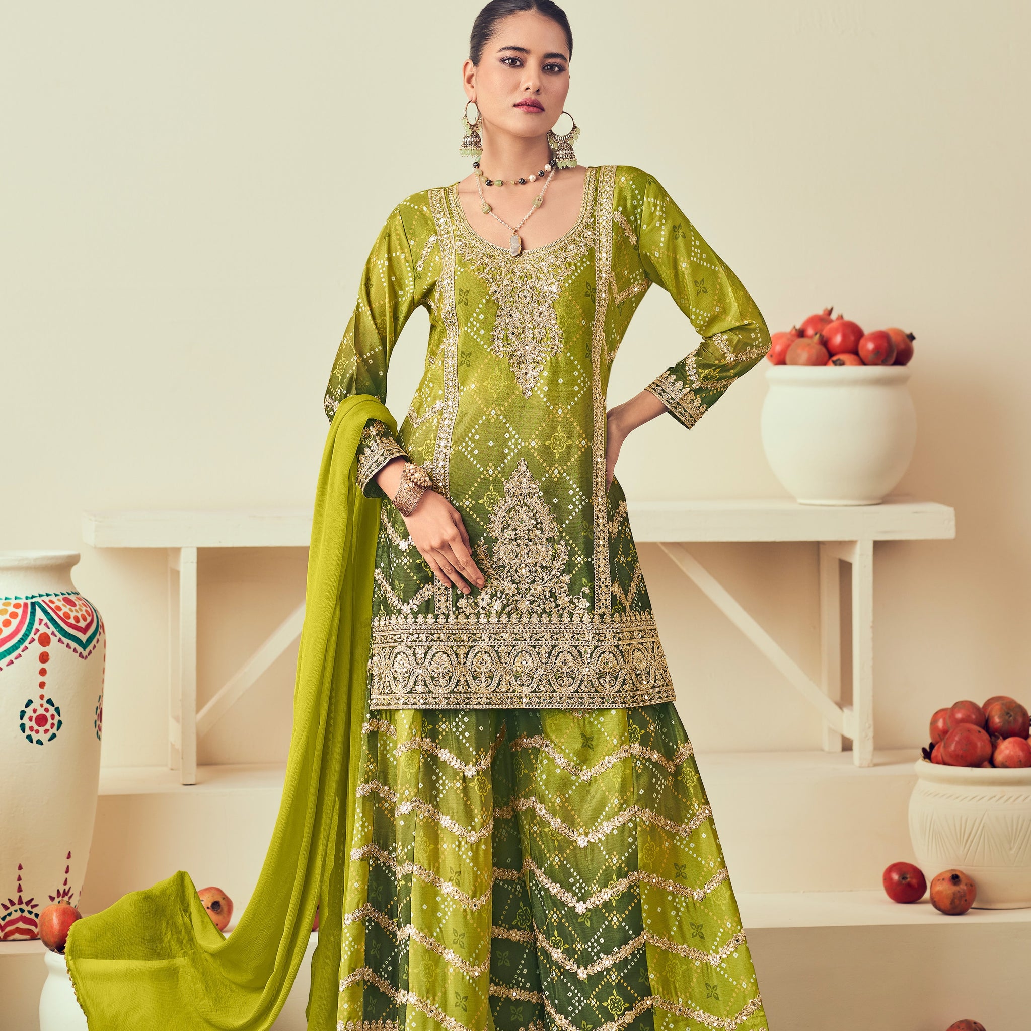 Green Heavy Chinon Mirror Work Sharara Suit