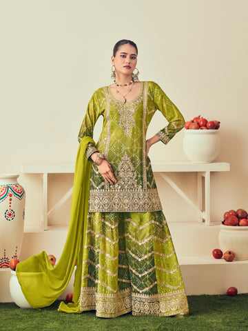 Green Heavy Chinon Mirror Work Sharara Suit