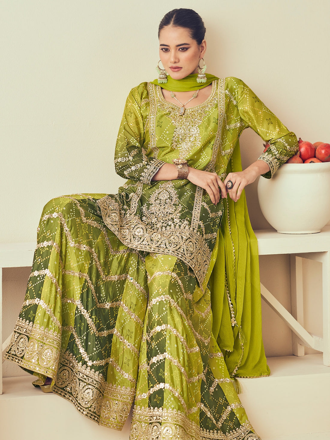 Green Heavy Chinon Mirror Work Sharara Suit