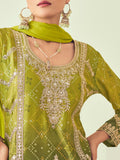 Green Heavy Chinon Mirror Work Sharara Suit