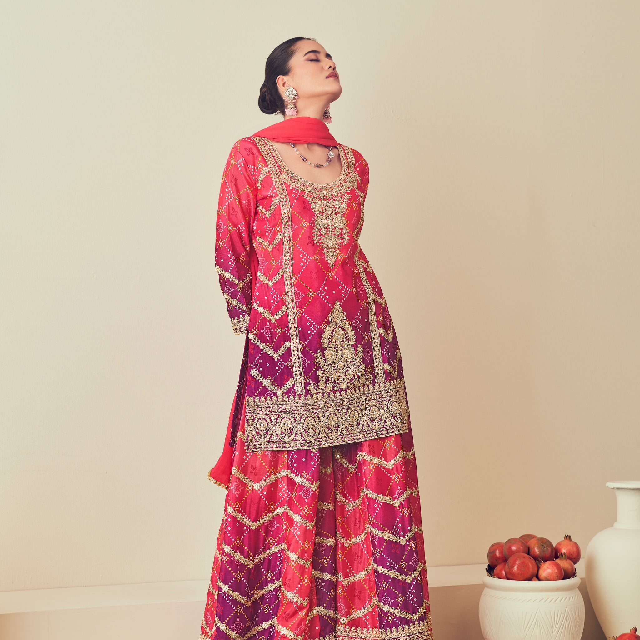 Pink Heavy Chinon & Jarkan Work Sharara Suit