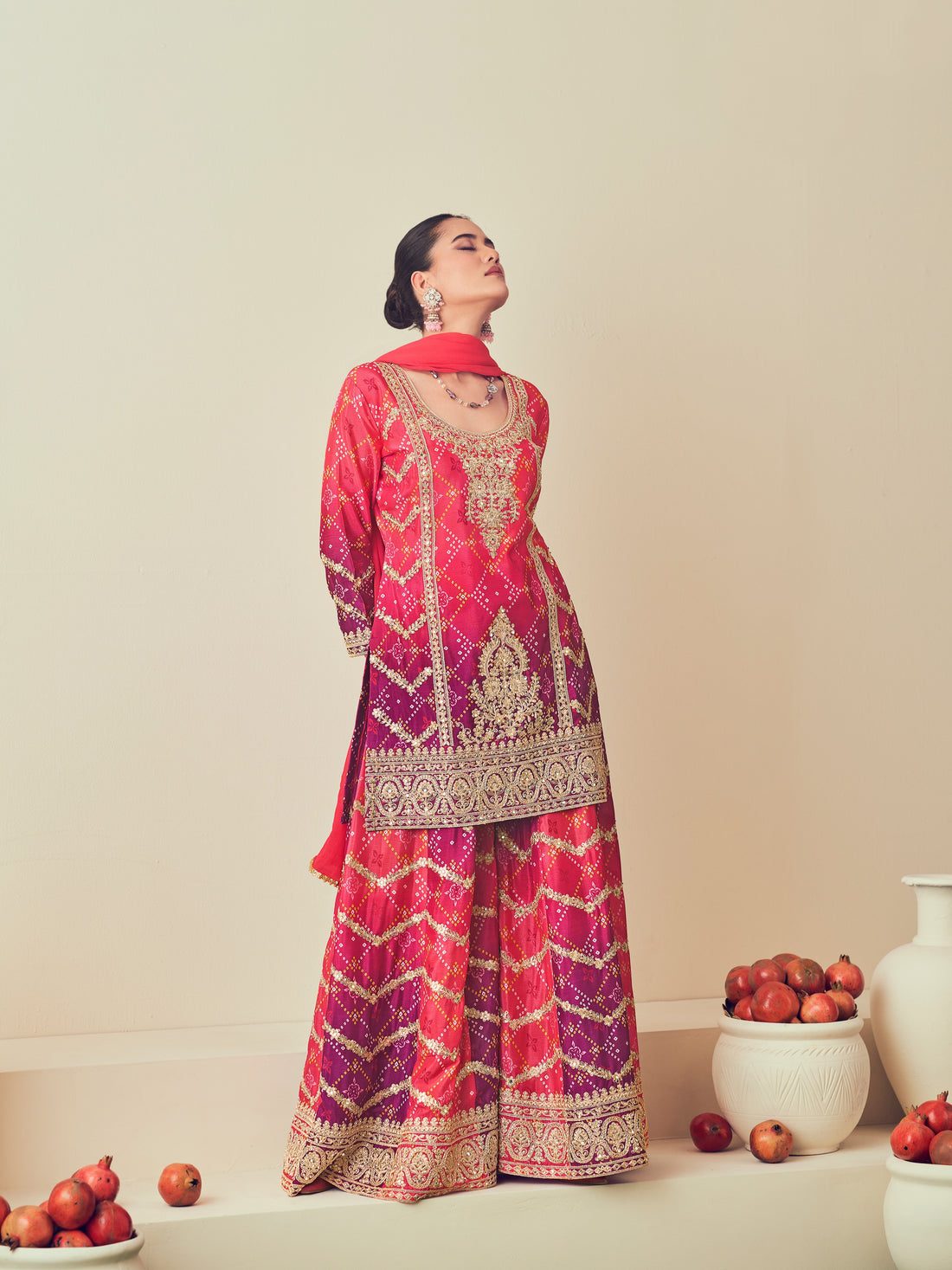 Pink Heavy Chinon & Jarkan Work Sharara Suit