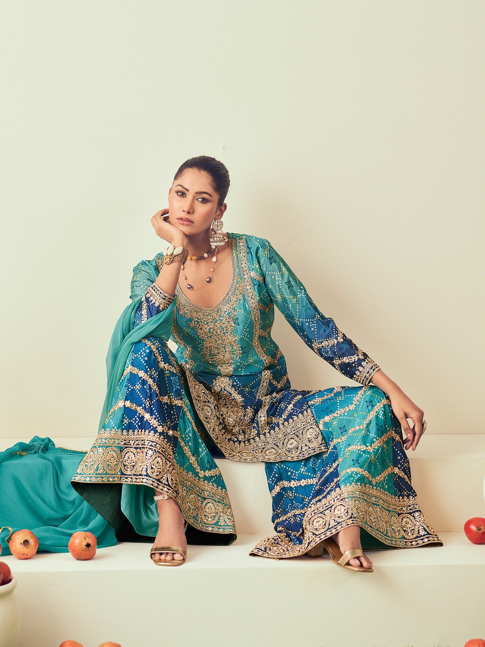 Blue Heavy Embroidered Chinon Silk Sharara Set