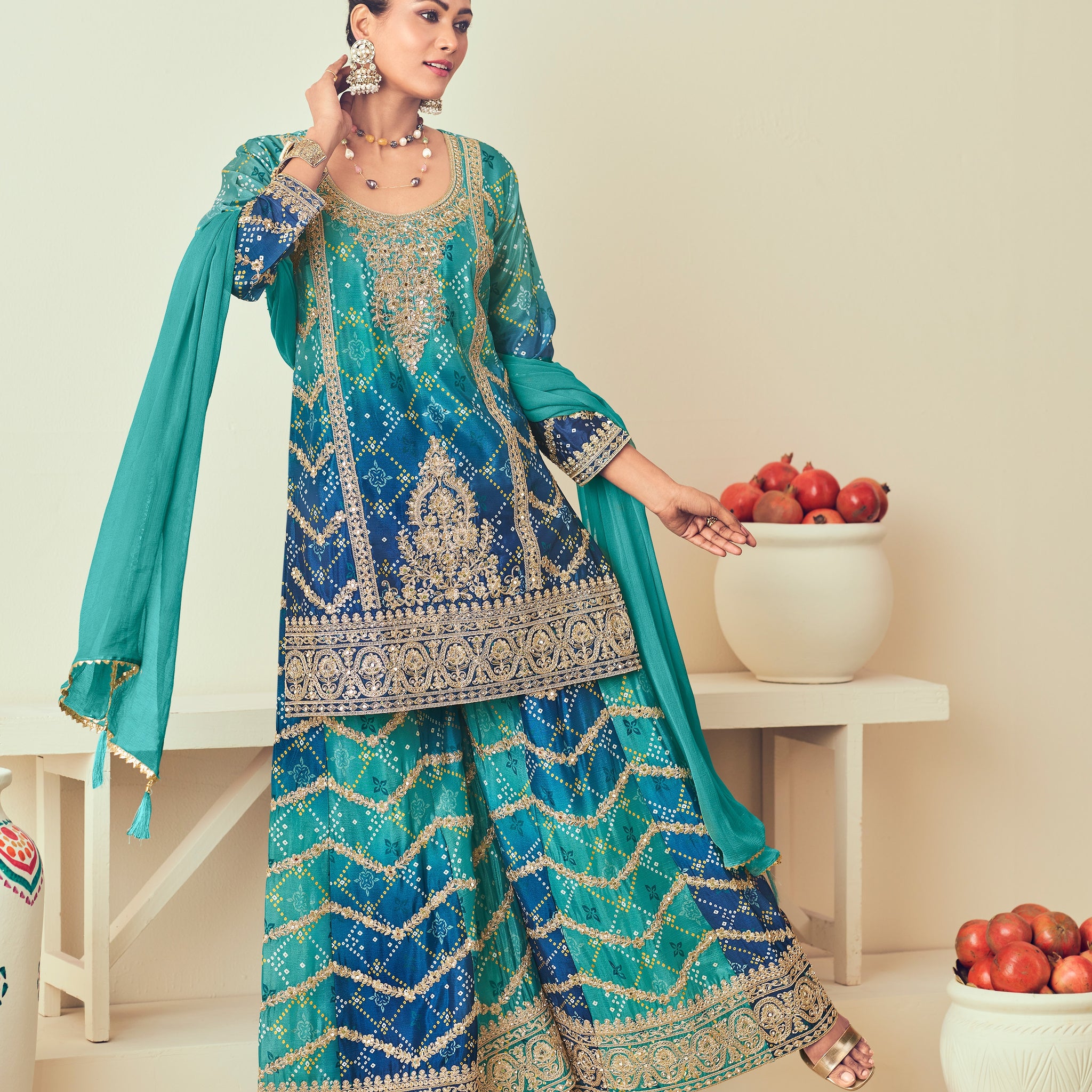 Blue Heavy Embroidered Chinon Silk Sharara Set