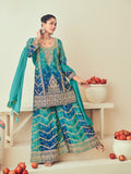 Blue Heavy Embroidered Chinon Silk Sharara Set