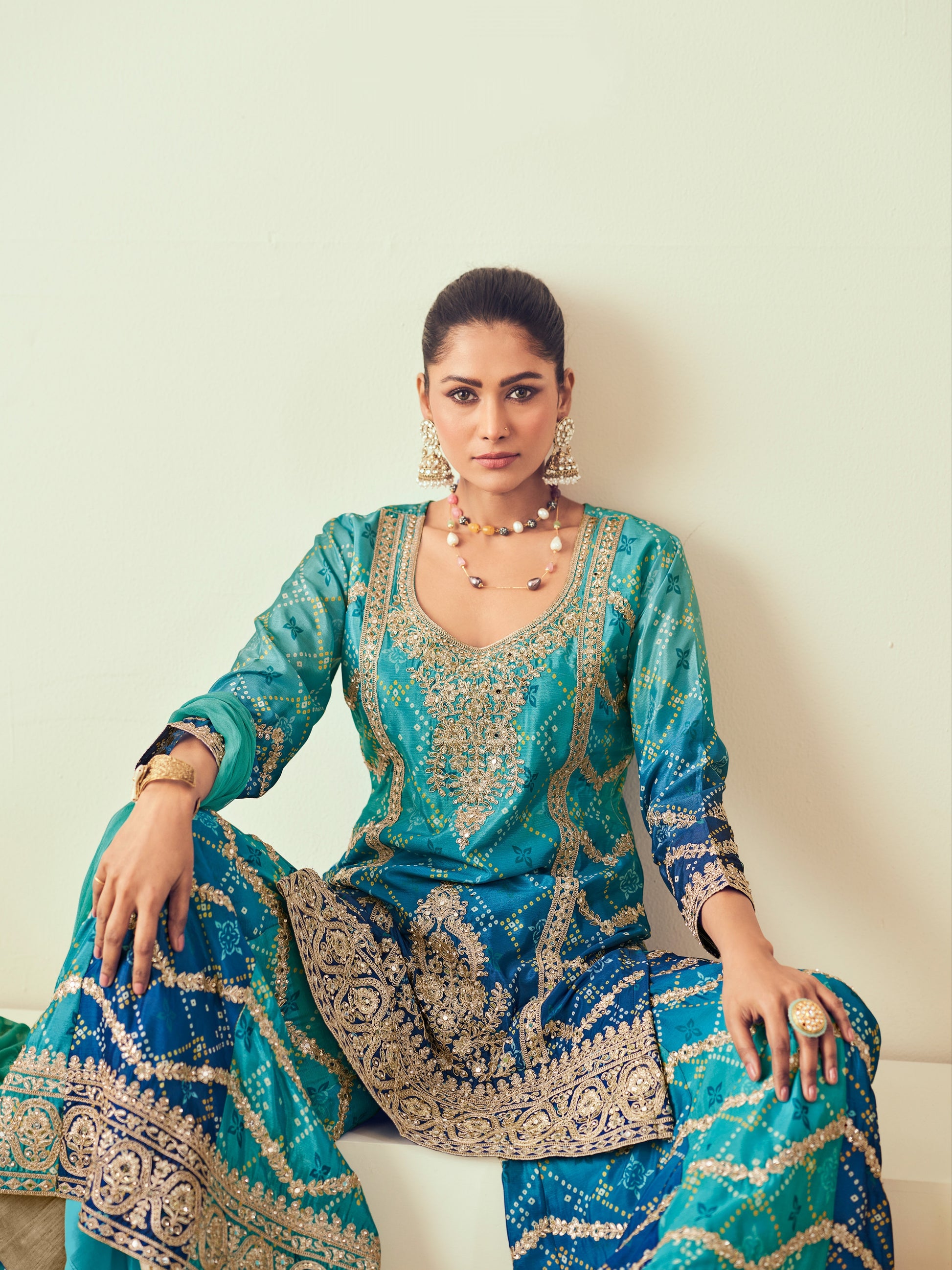 Blue Heavy Embroidered Chinon Silk Sharara Set