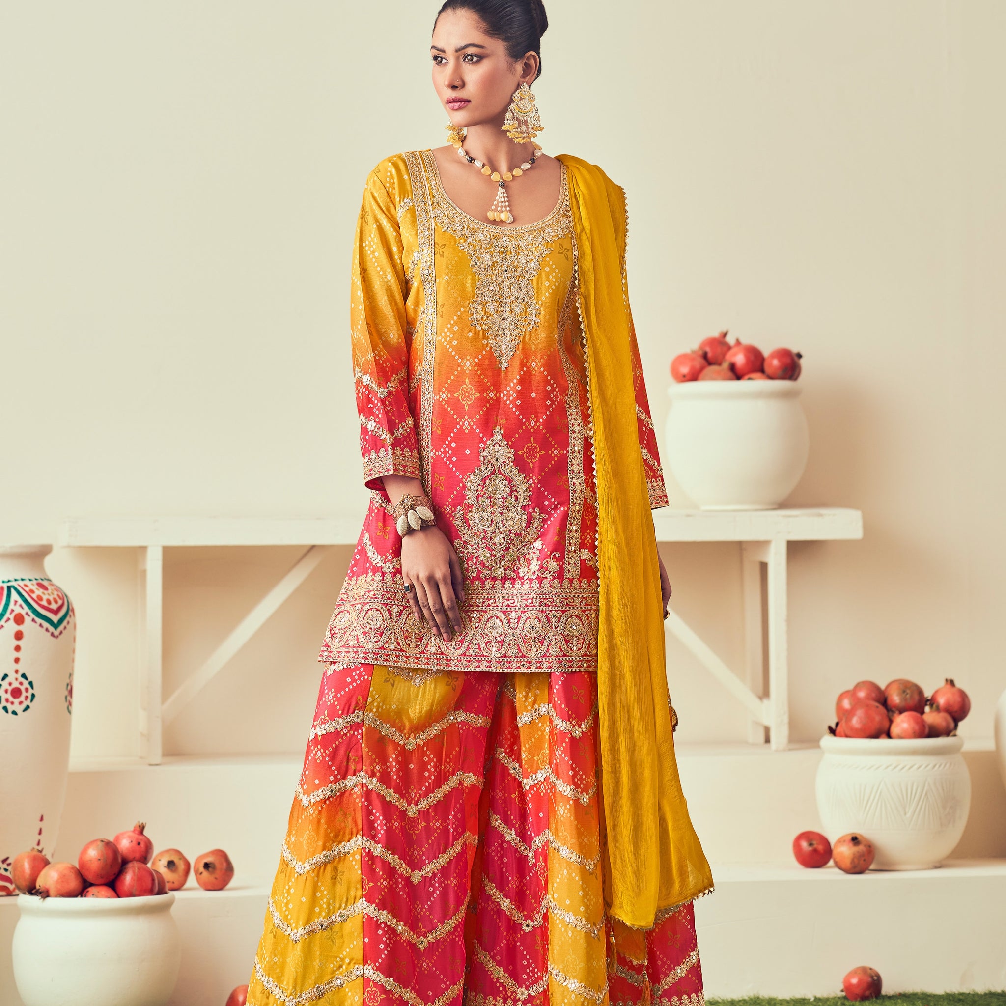 Yellow Heavy Chinon & Mirror Work Sharara Set