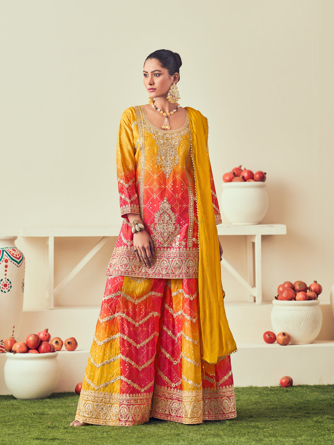 Yellow Heavy Chinon & Mirror Work Sharara Set