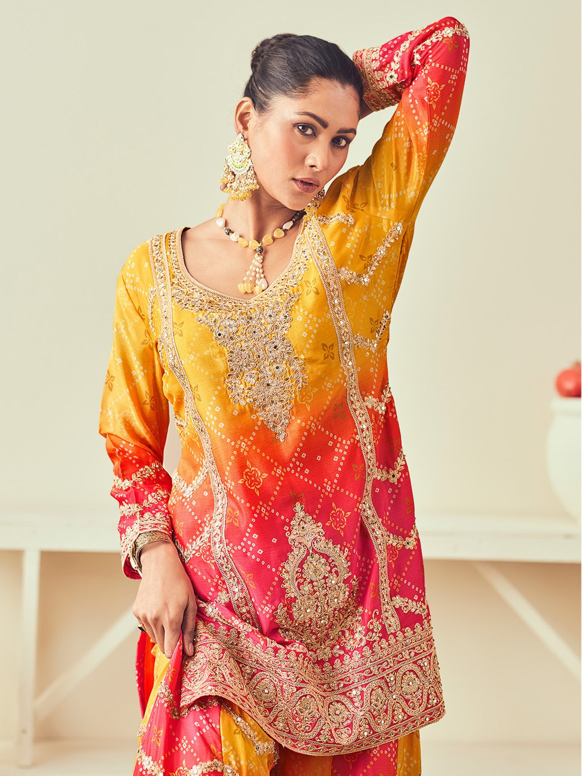 Yellow Heavy Chinon & Mirror Work Sharara Set