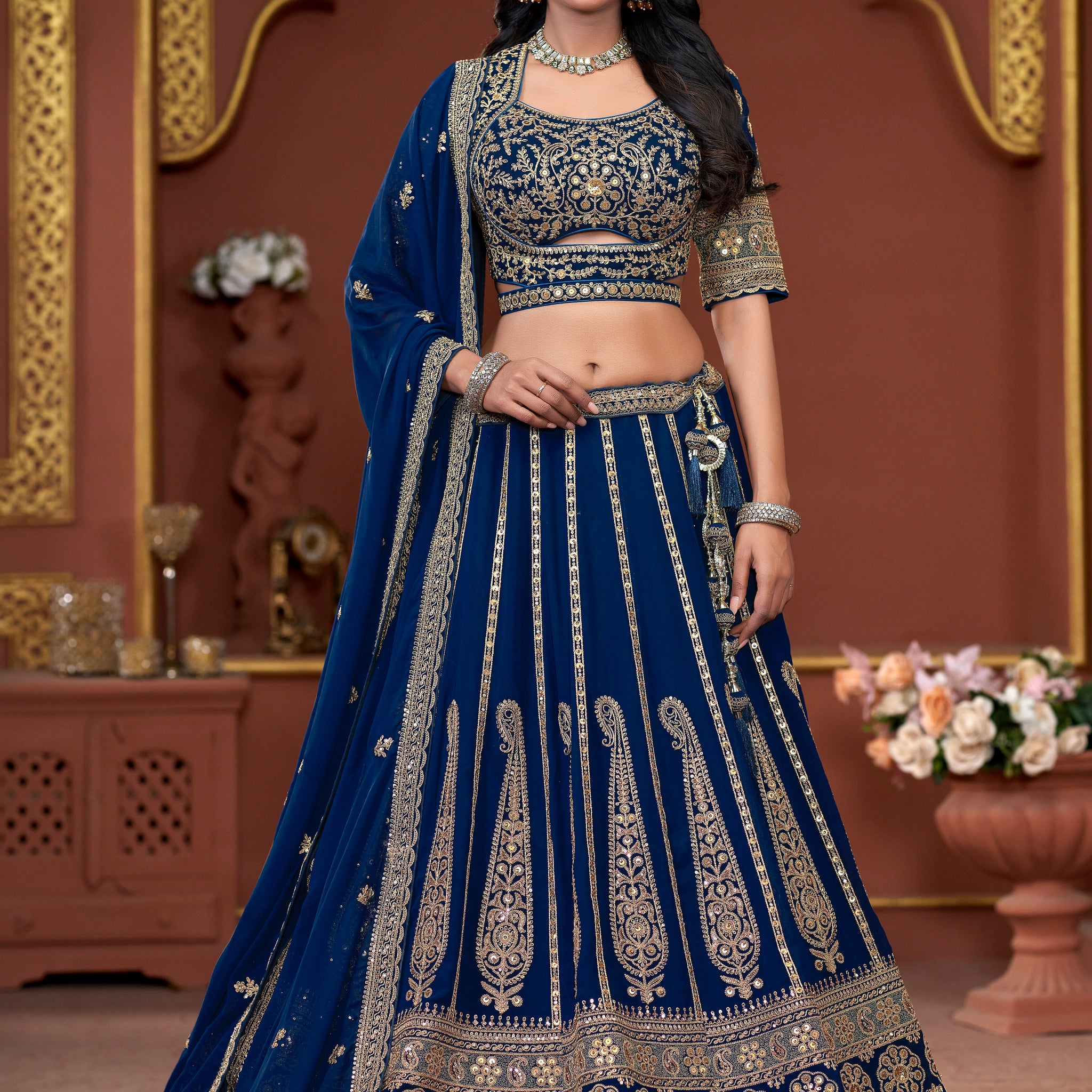 Navy Blue Georgette Bridal Lehenga