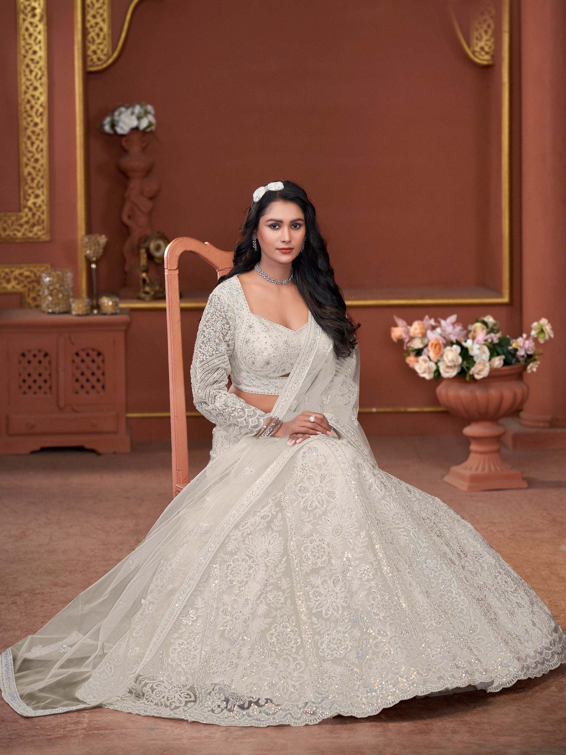 Off-White Premium Net Bridal Lehenga