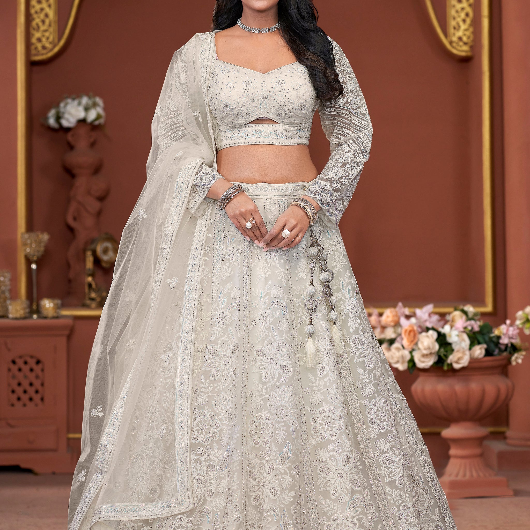 Off-White Premium Net Bridal Lehenga