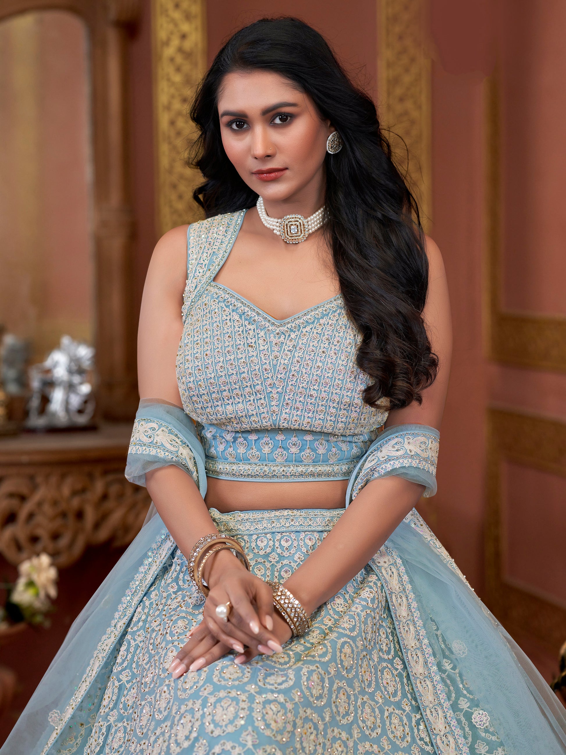 Sky Blue Premium Net Bridal Lehenga