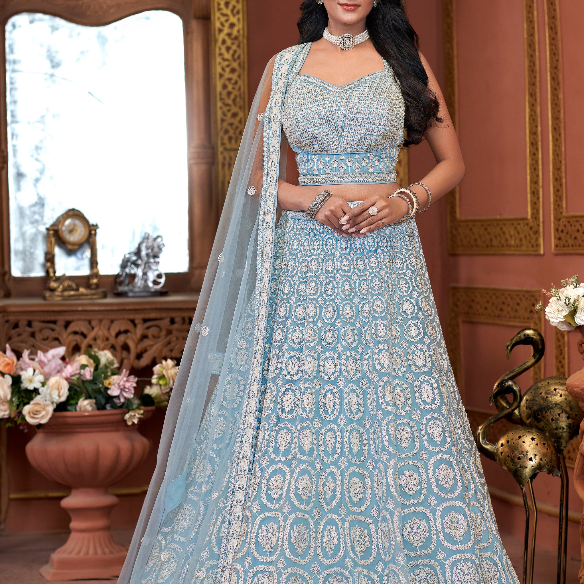 Sky Blue Premium Net Bridal Lehenga