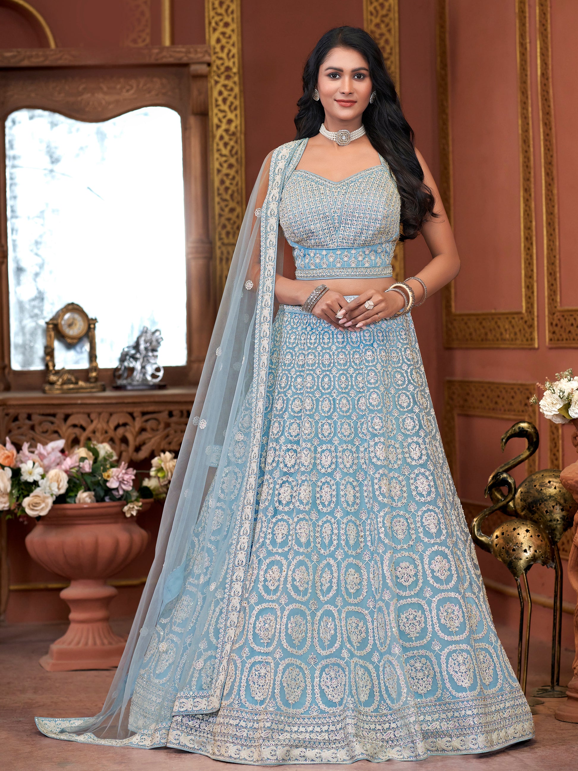 Sky Blue Premium Net Bridal Lehenga