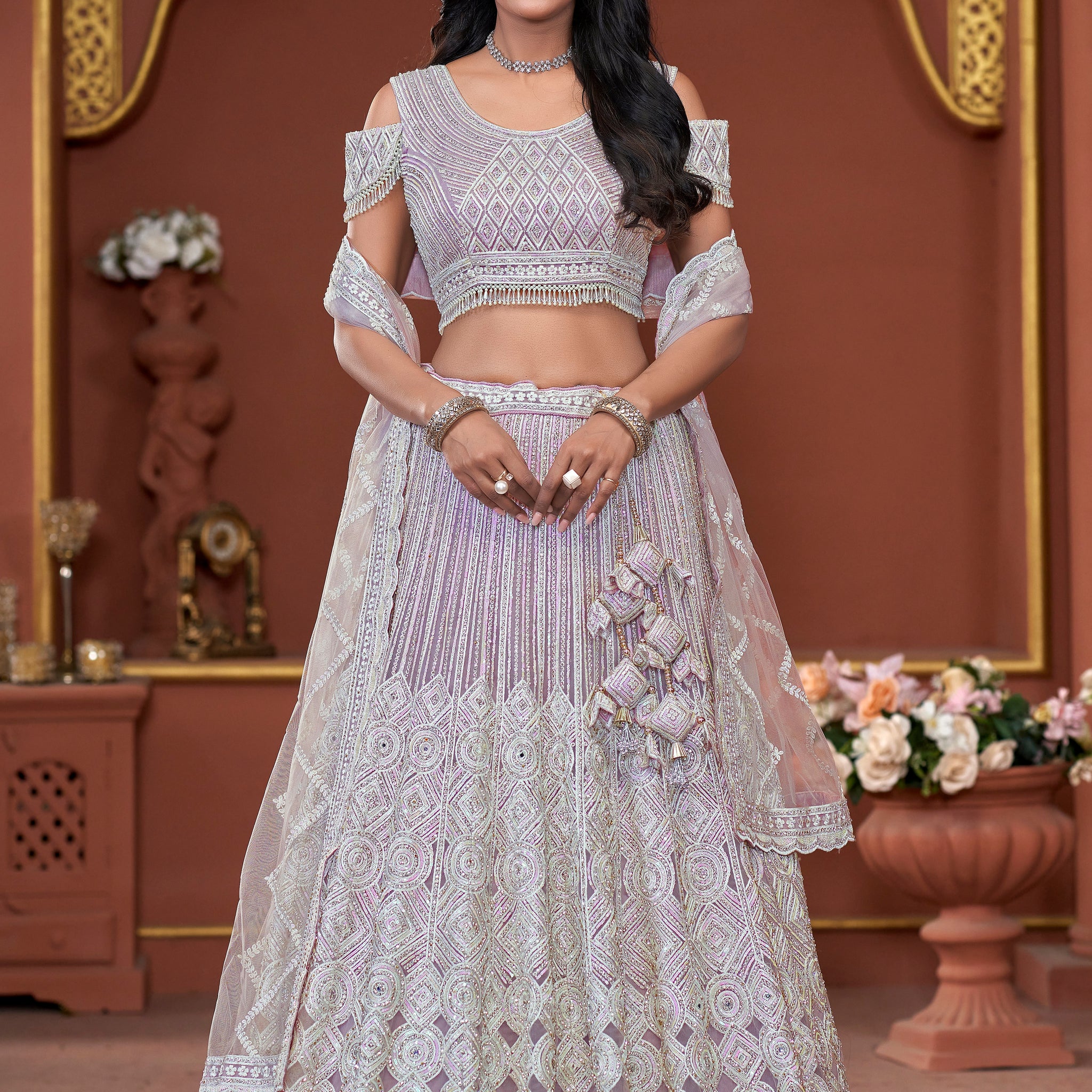 Lavender Premium Net Bridal Lehenga