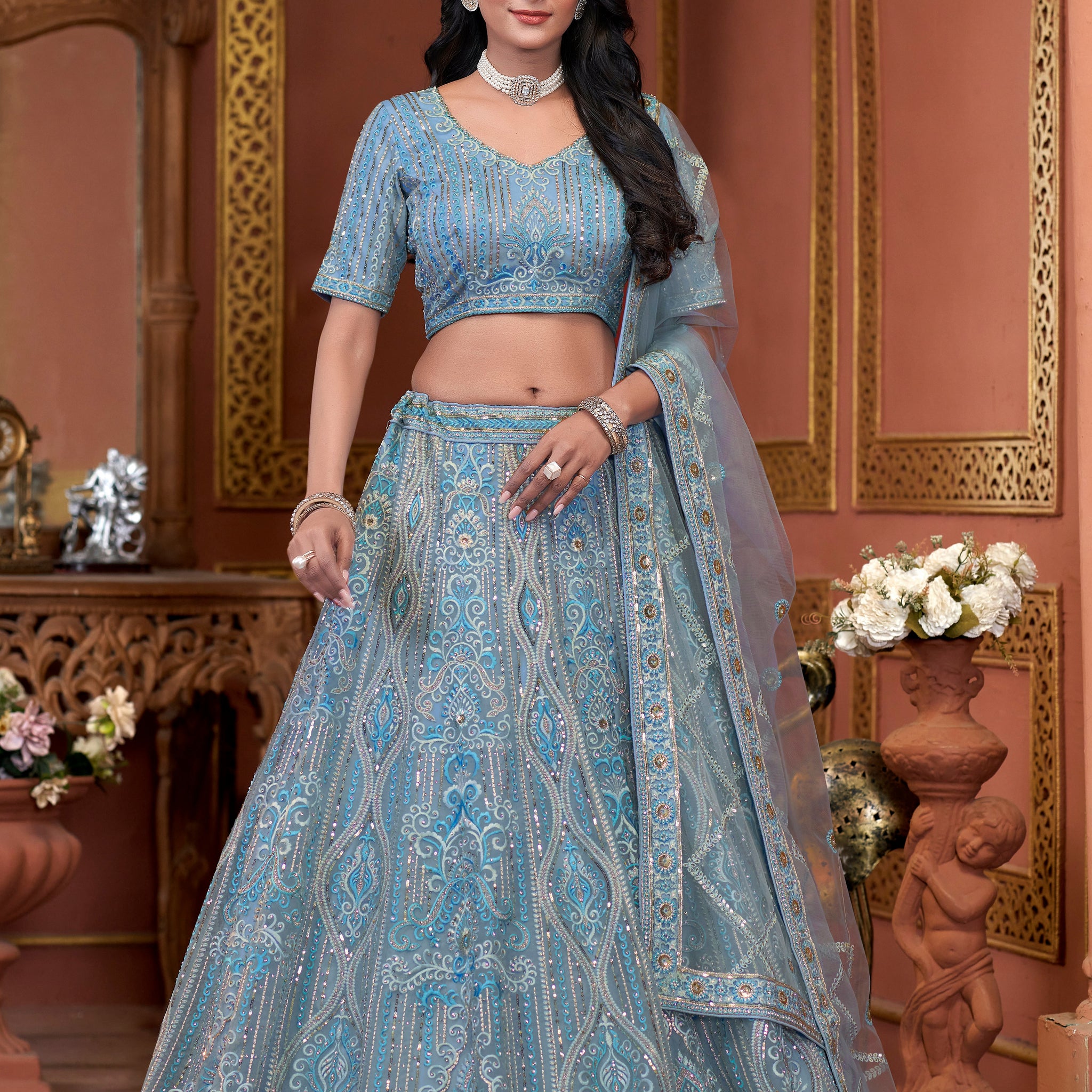 Sky Blue Premium Net Bridal Lehenga