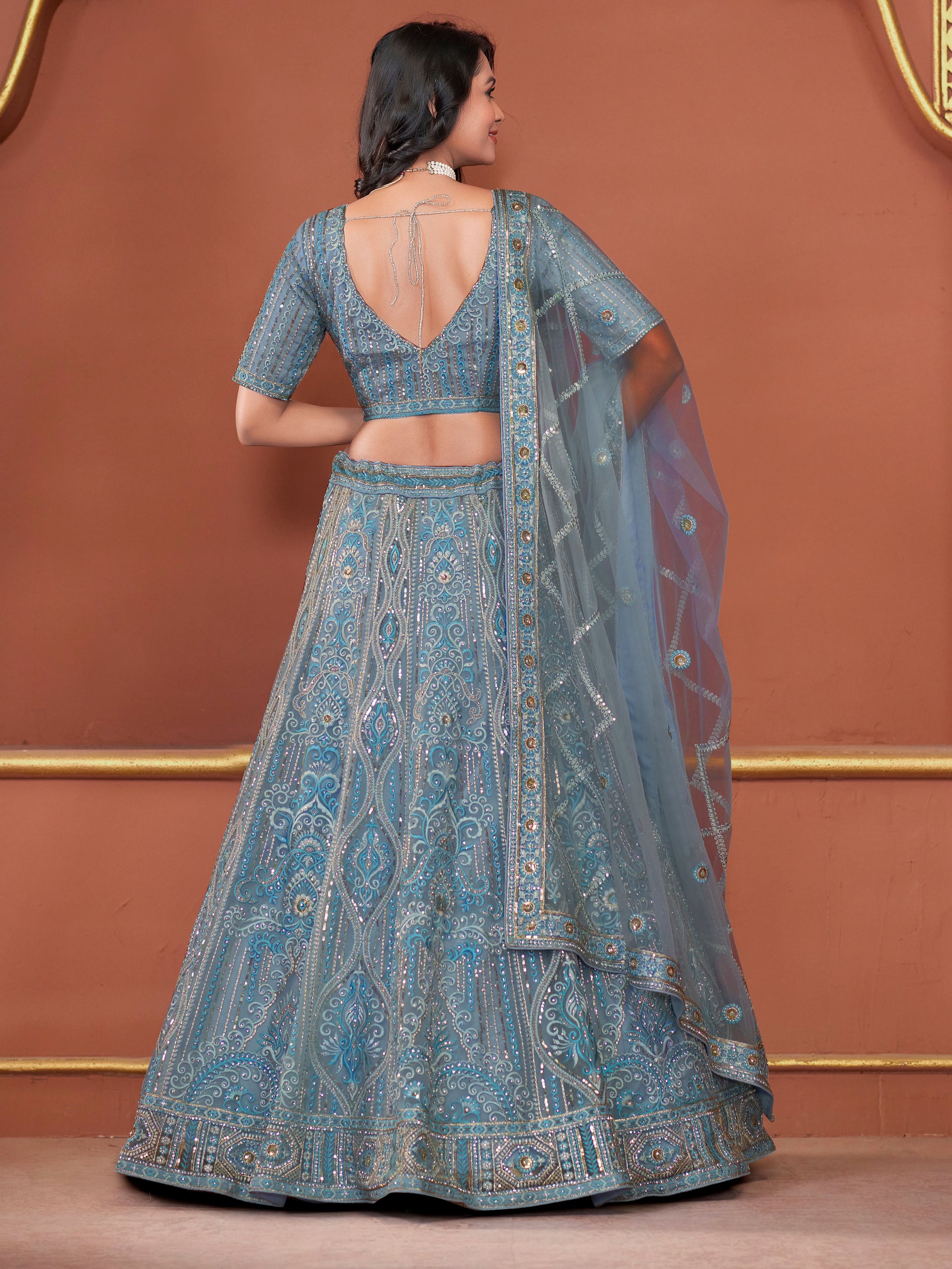 Sky Blue Premium Net Bridal Lehenga