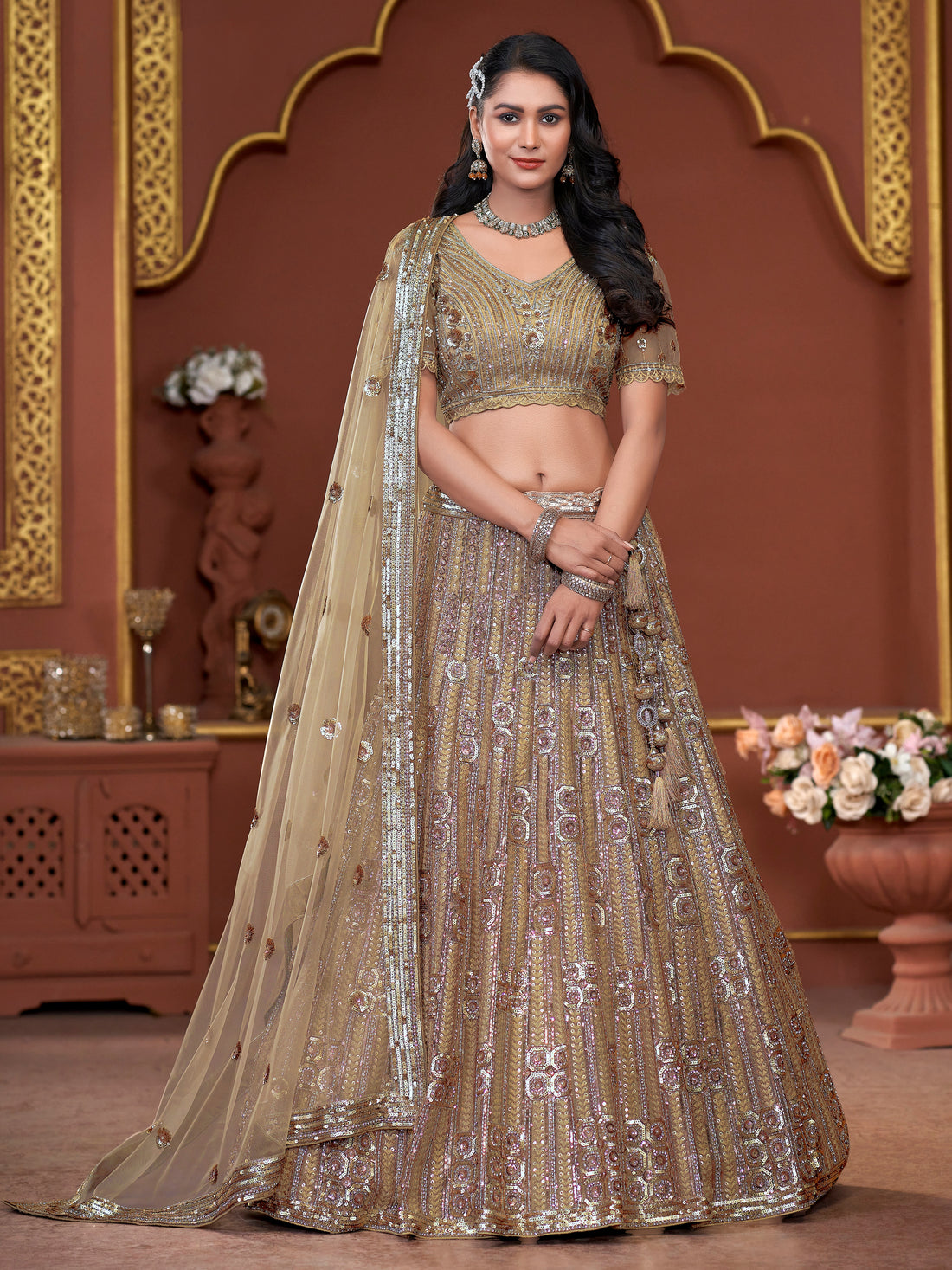 Golden Premium Net Bridal Lehenga