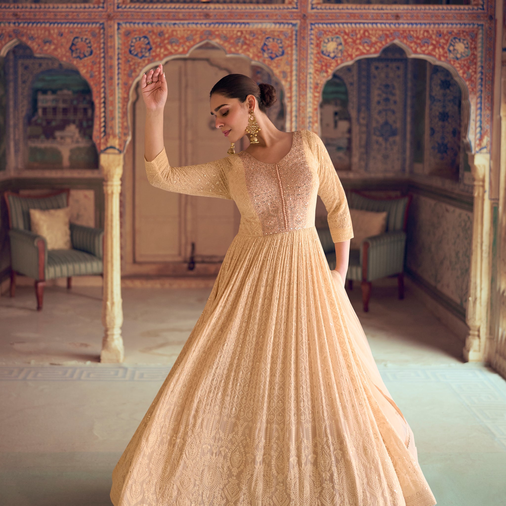 Gold Embroidered Chikankari Anarkali Dress