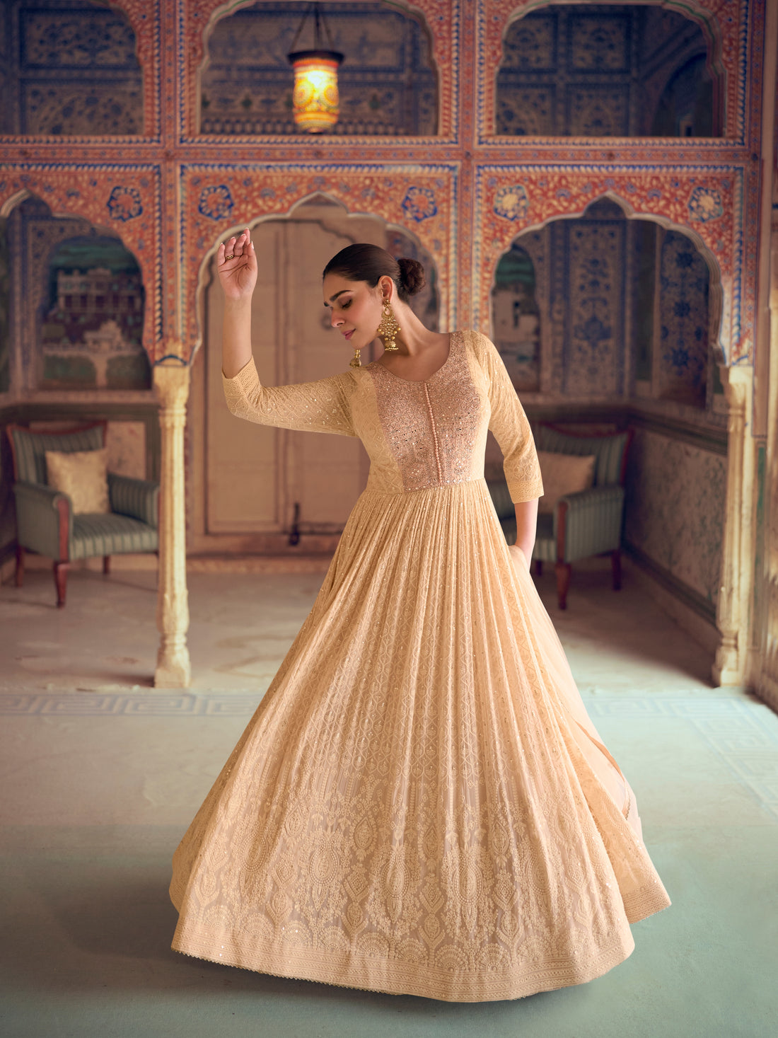 Gold Embroidered Chikankari Anarkali Dress