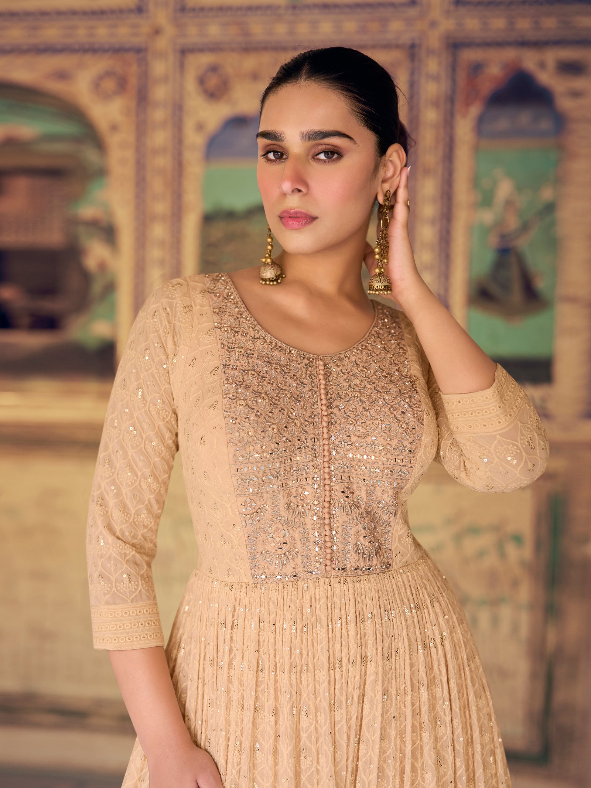 Gold Embroidered Chikankari Anarkali Dress