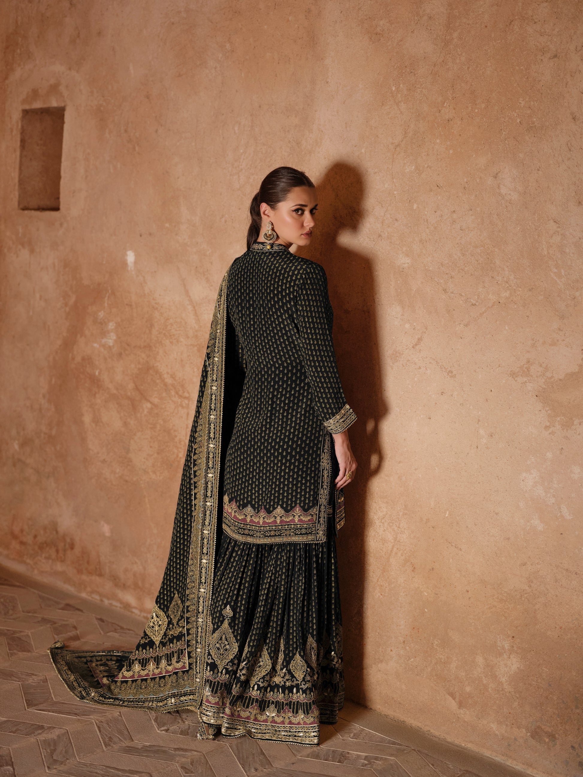 Black & Gold Premium Silk Designer Sharara Suit