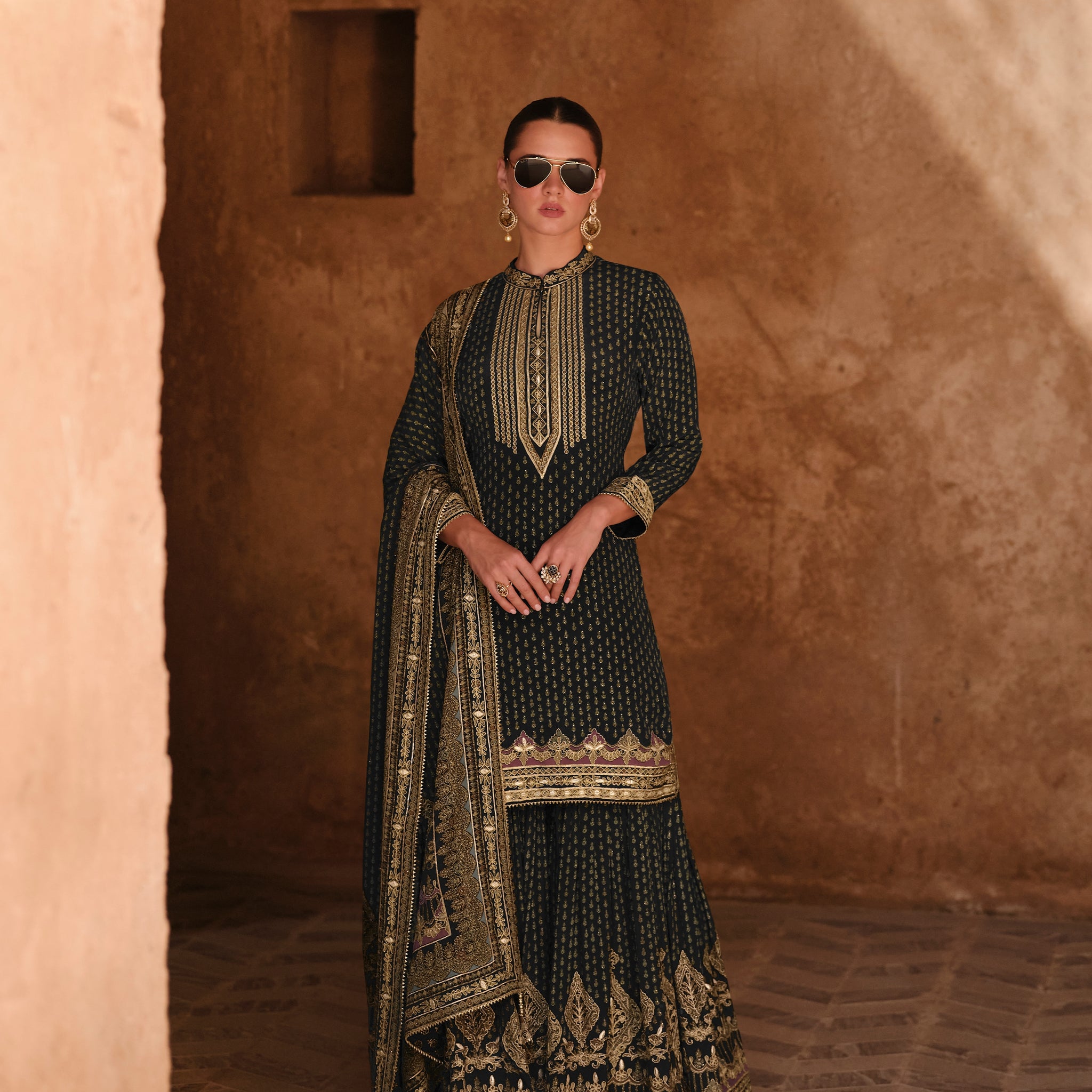 Black & Gold Premium Silk Designer Sharara Suit