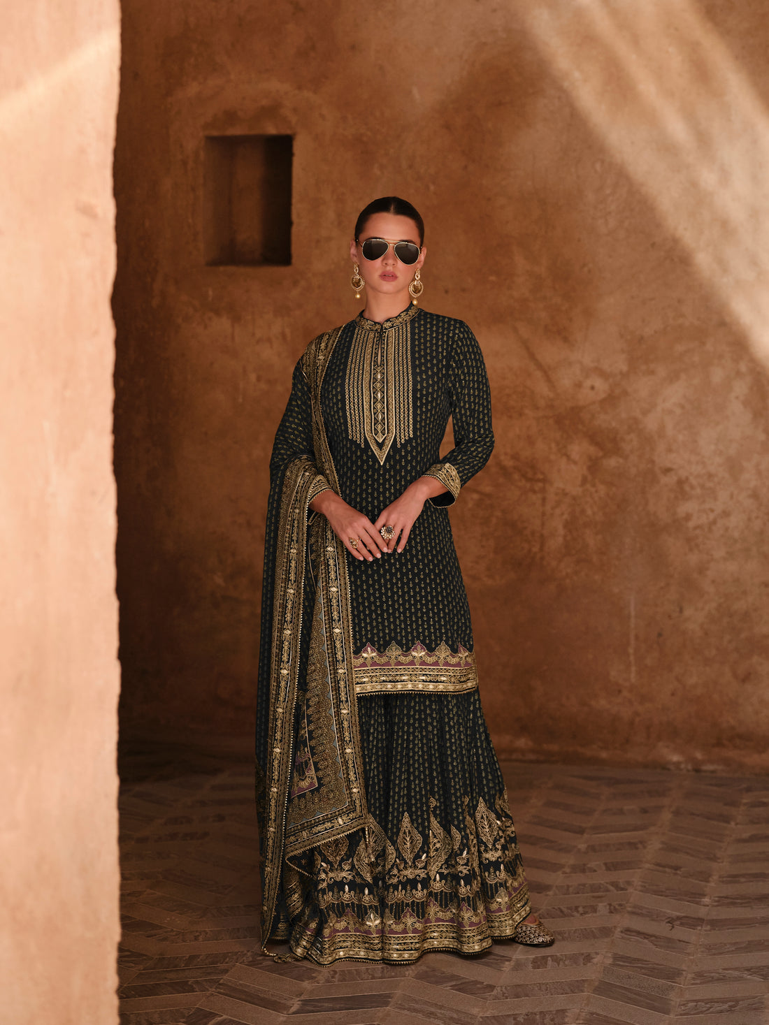 Black & Gold Premium Silk Designer Sharara Suit