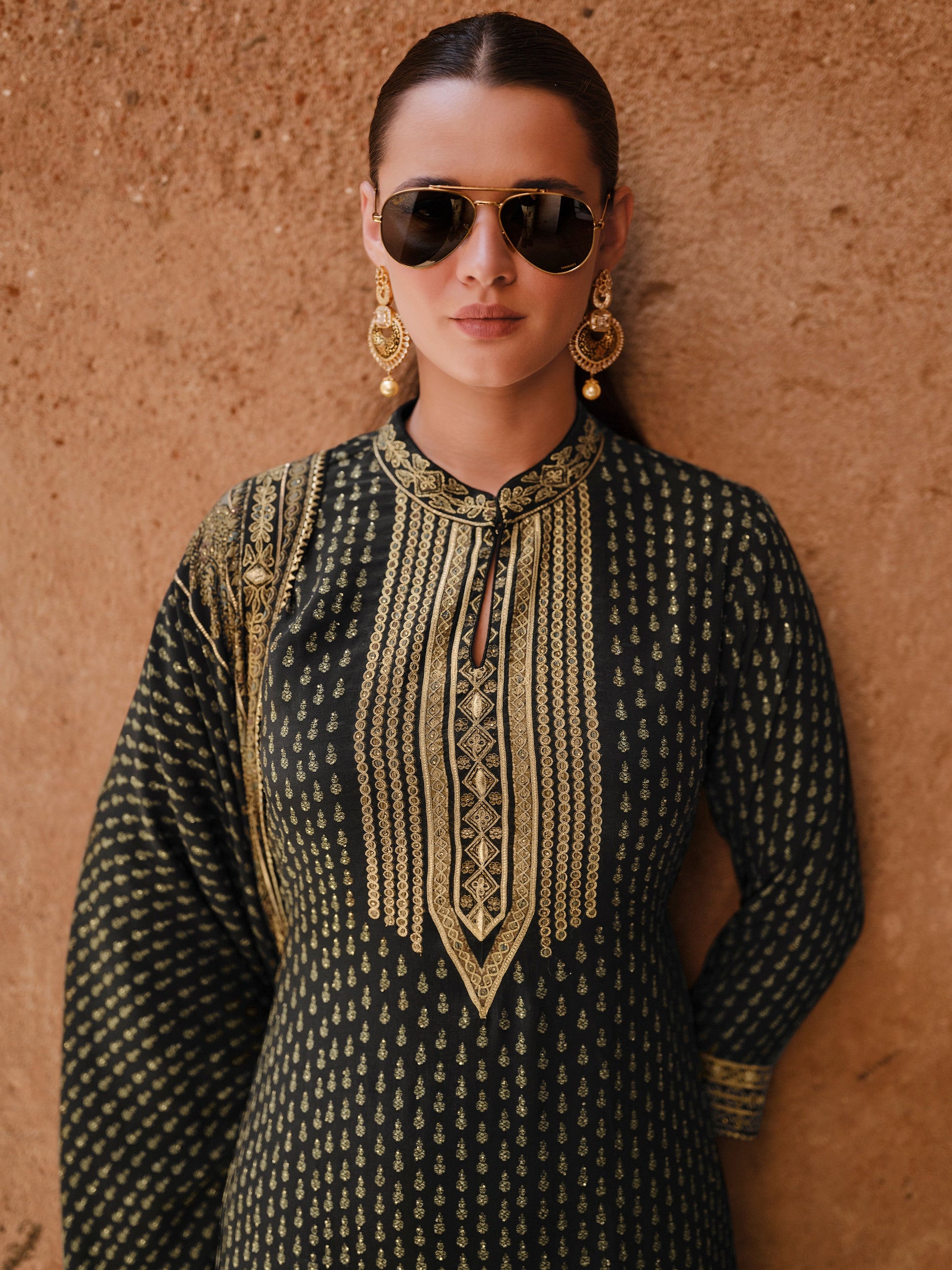 Black & Gold Premium Silk Designer Sharara Suit