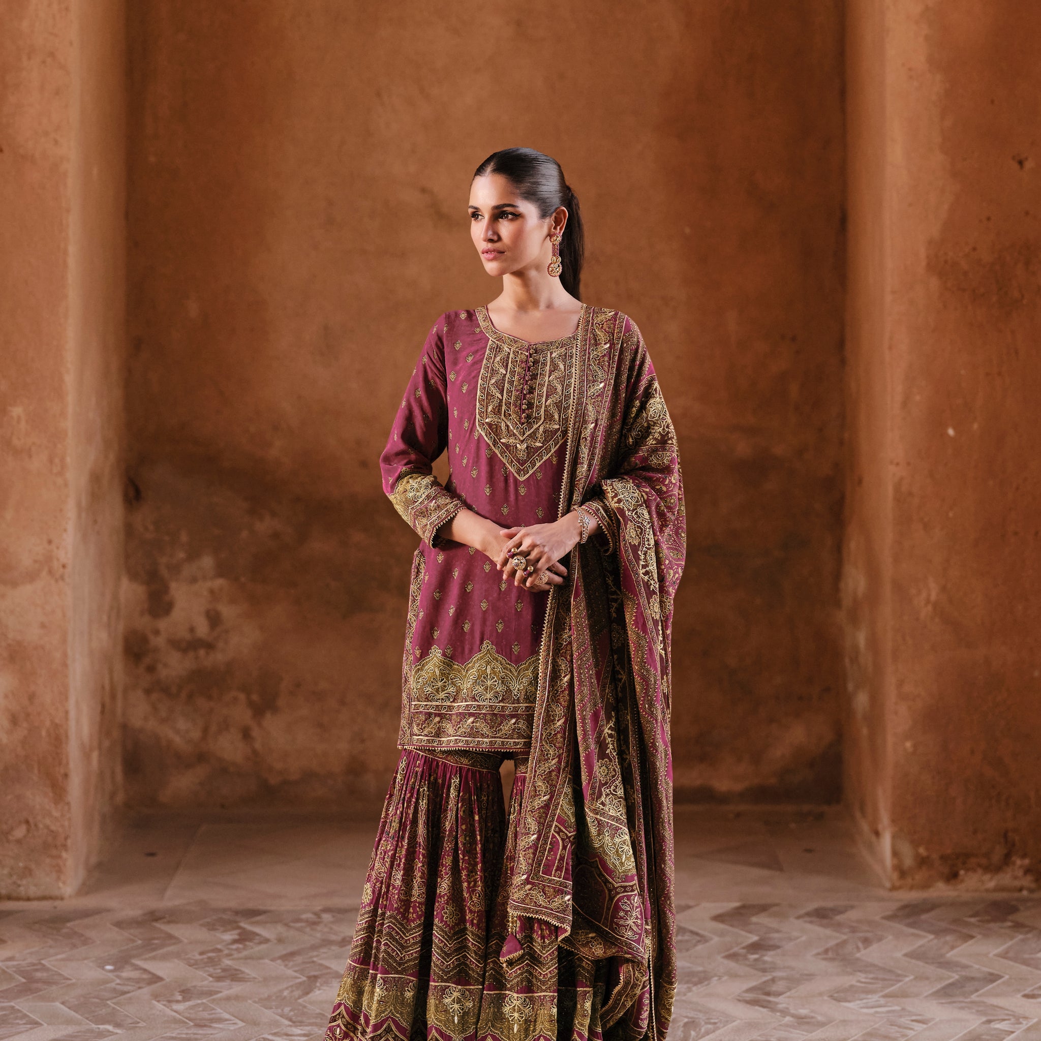 Wine & Gold Premium Real Crepe Silk Sharara Suit