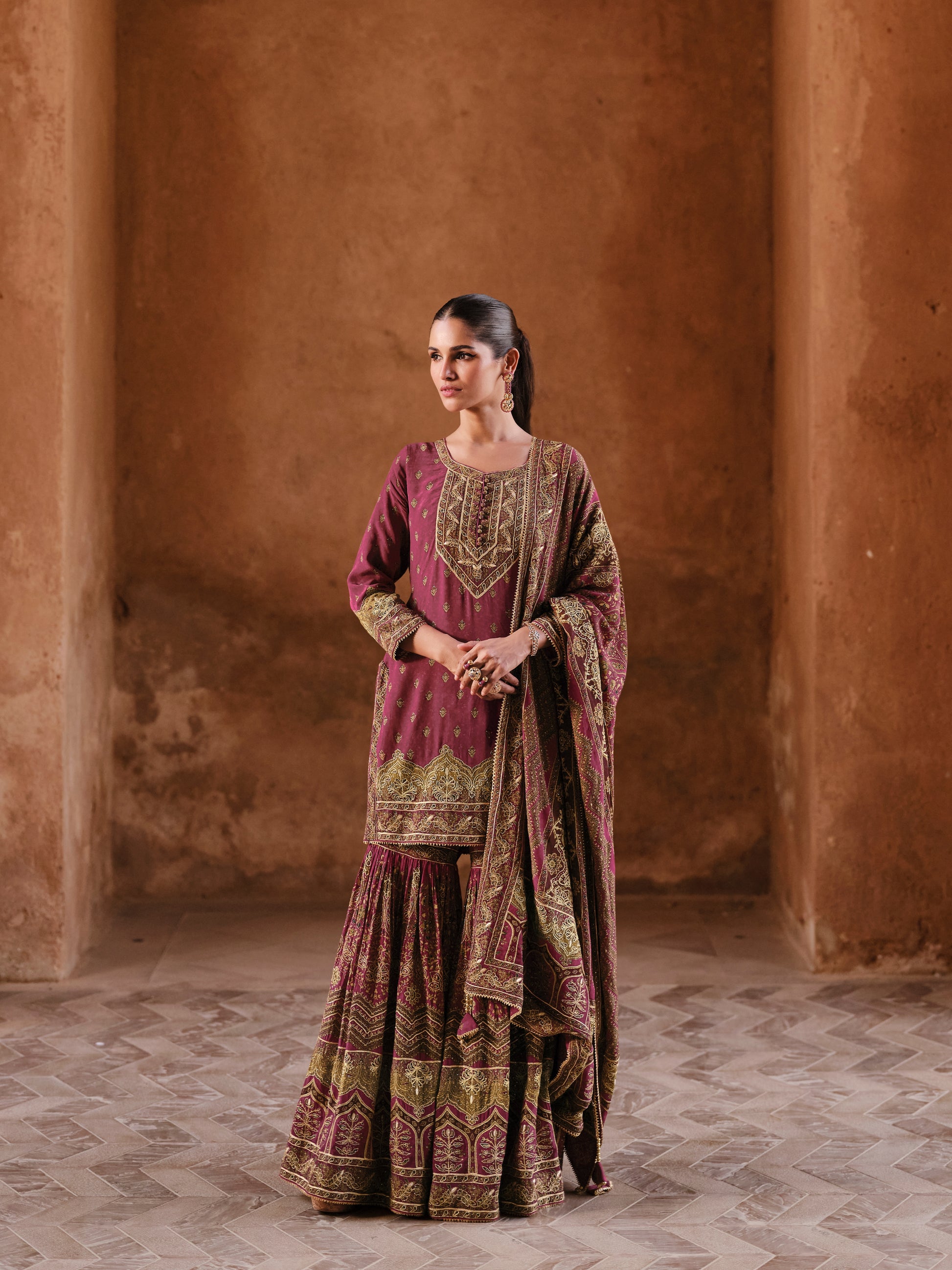 Wine & Gold Premium Real Crepe Silk Sharara Suit