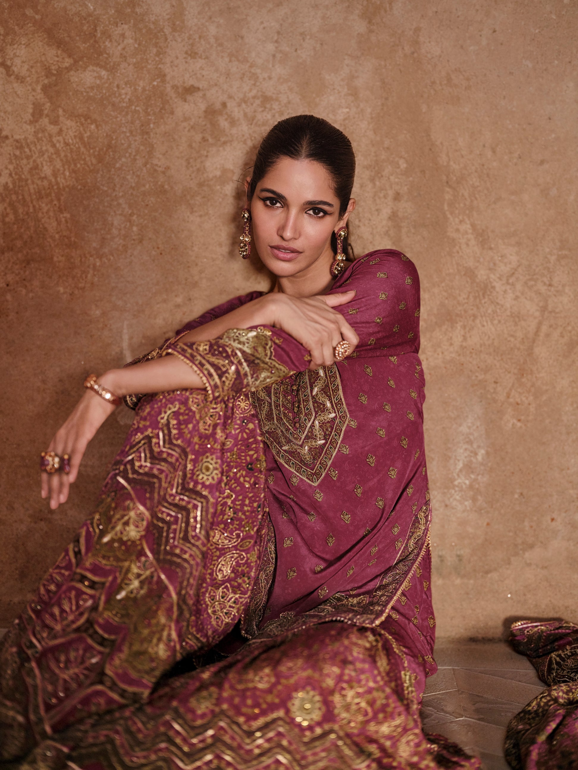 Wine & Gold Premium Real Crepe Silk Sharara Suit