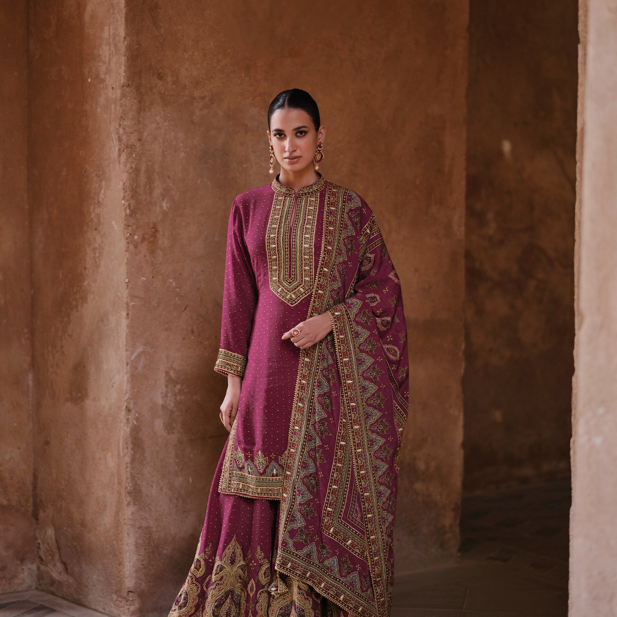 Plum Purple & Gold Designer Sharara Suit