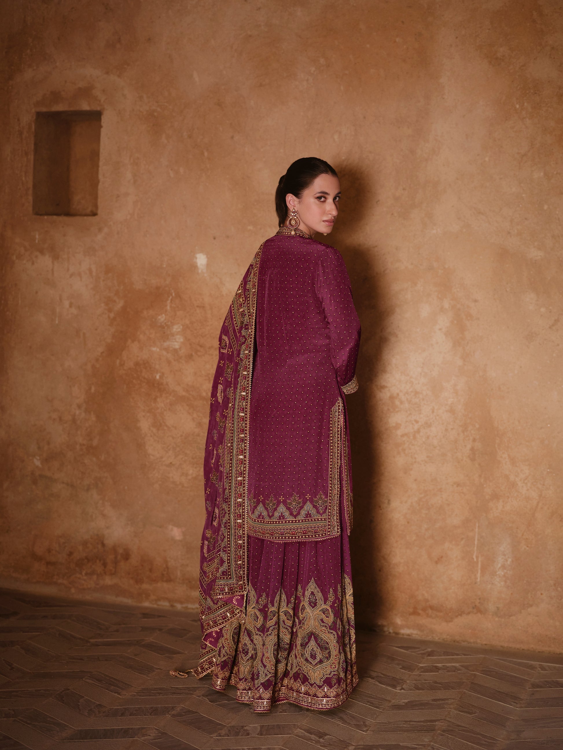 Plum Purple & Gold Designer Sharara Suit