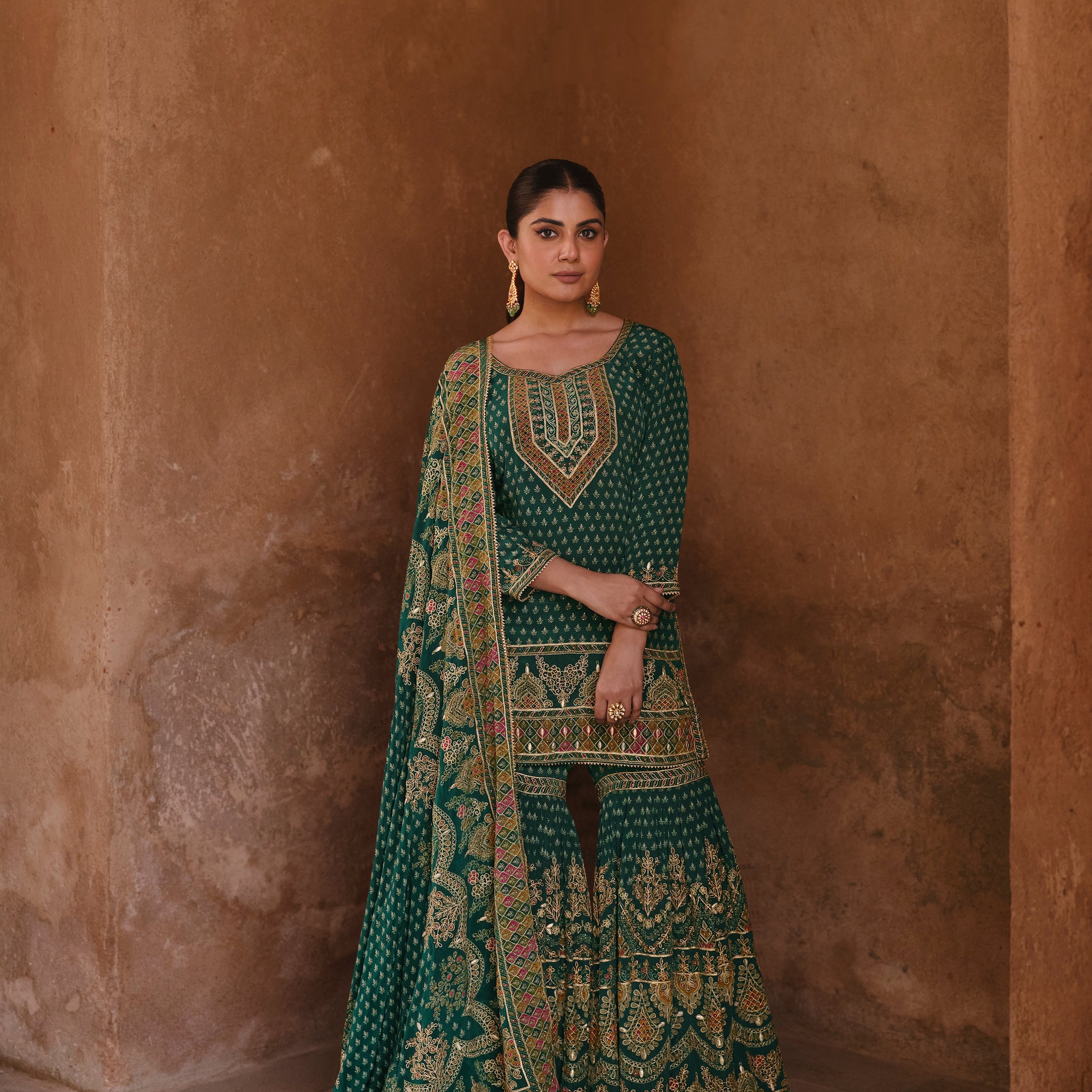 Green & Gold Designer Premium Silk Sharara Suit