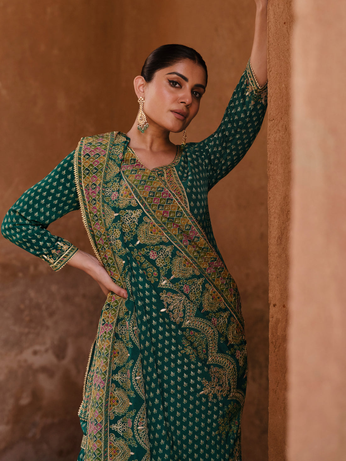 Green & Gold Designer Premium Silk Sharara Suit