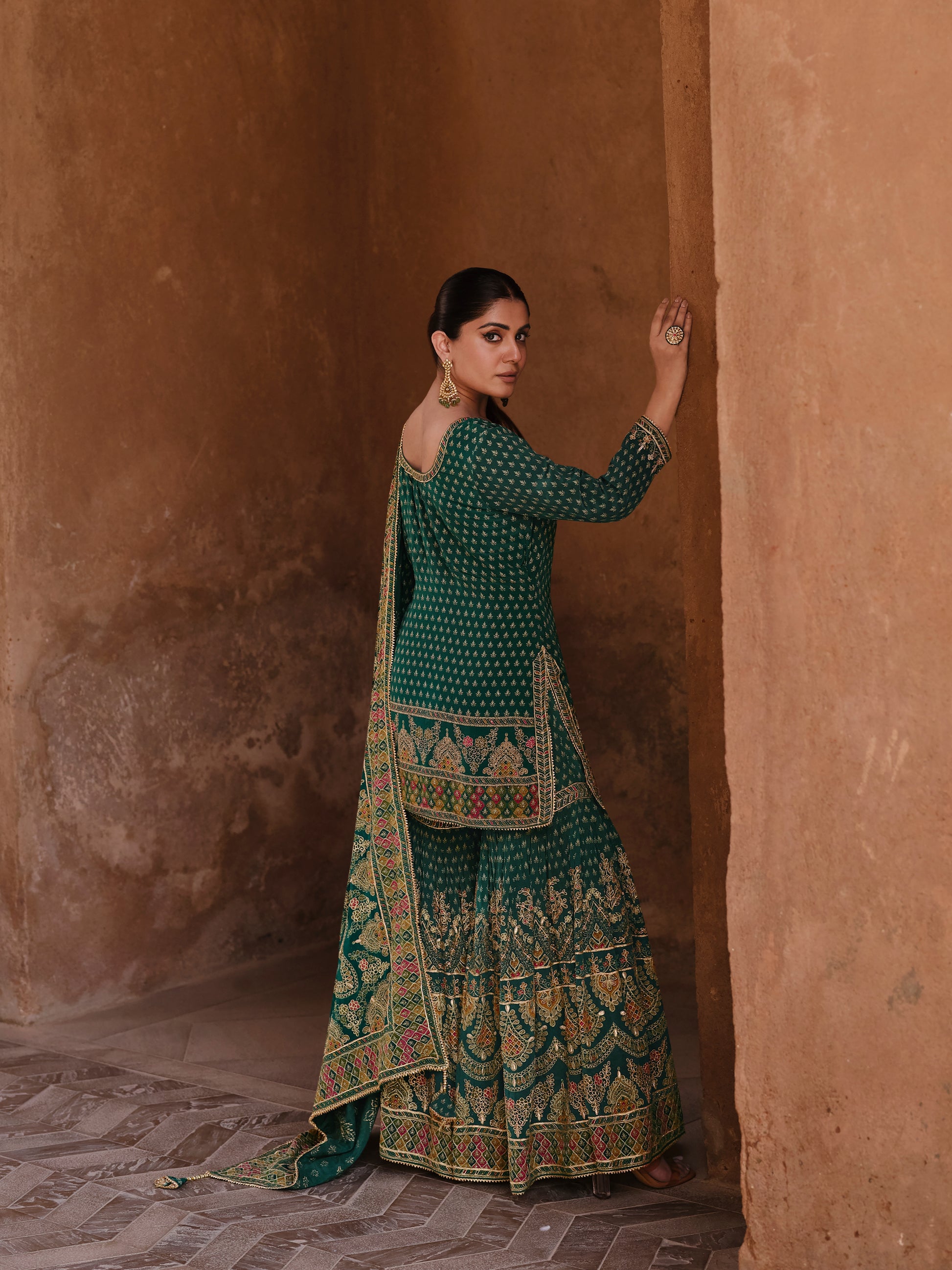 Green & Gold Designer Premium Silk Sharara Suit