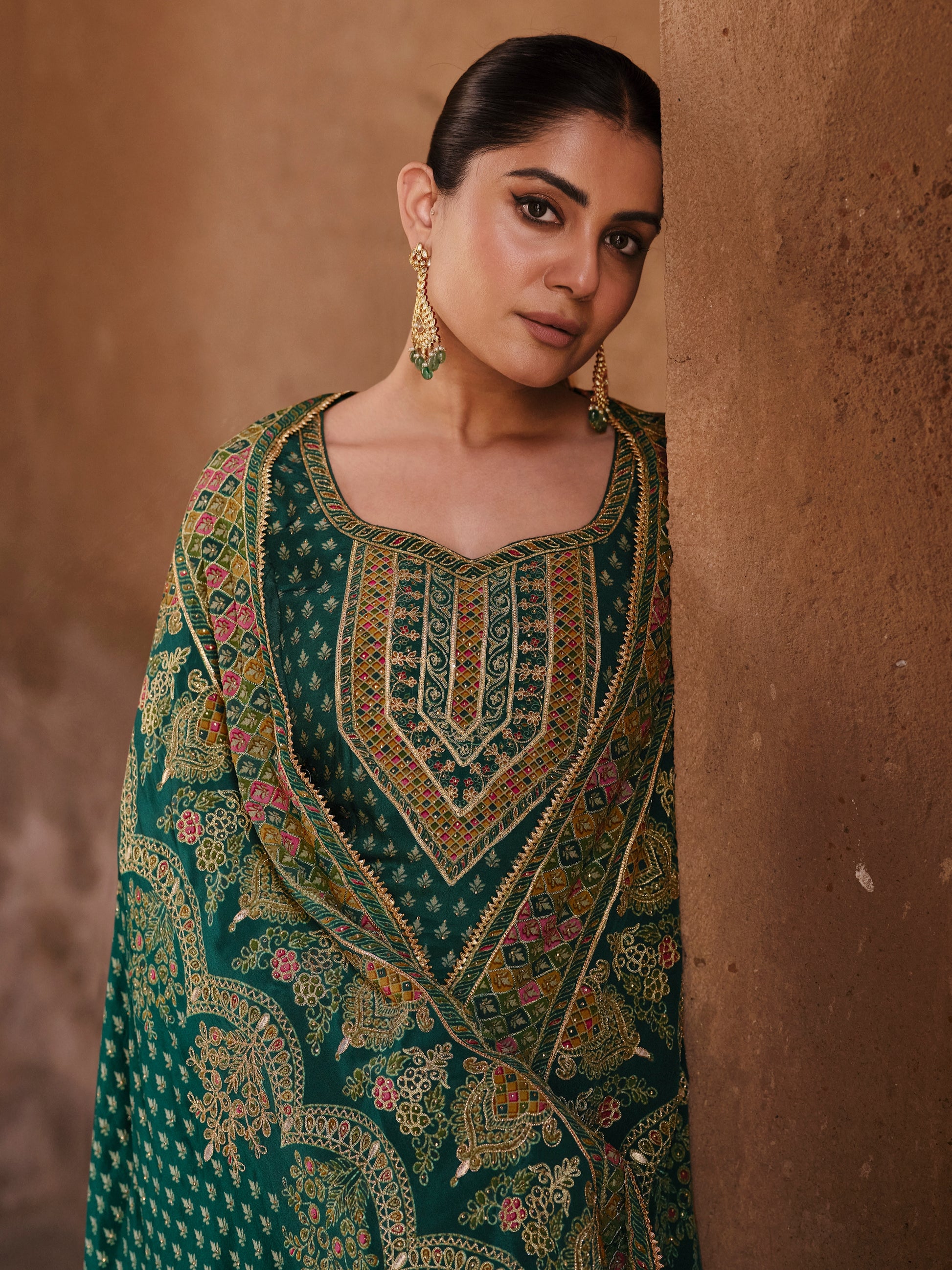 Green & Gold Designer Premium Silk Sharara Suit