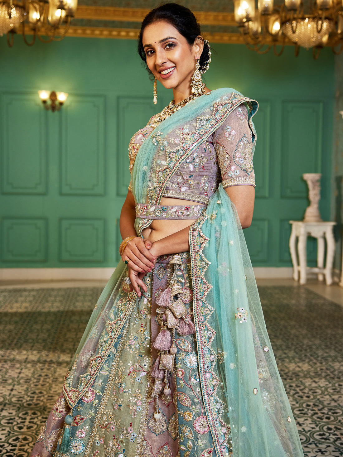 Pastel Multi-Color Net Bridal Lehenga