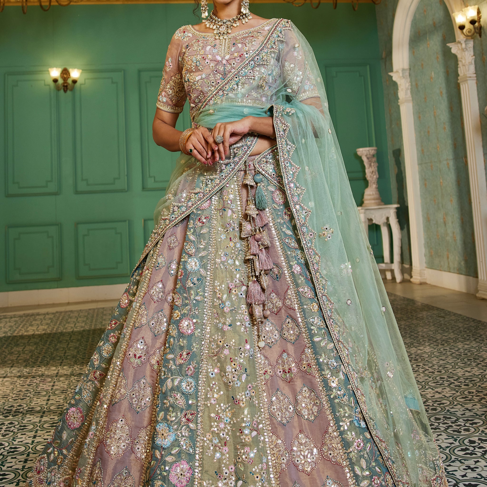 Pastel Multi-Color Net Bridal Lehenga