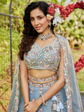 Blue Tissue Embroidered Bridal Lehenga